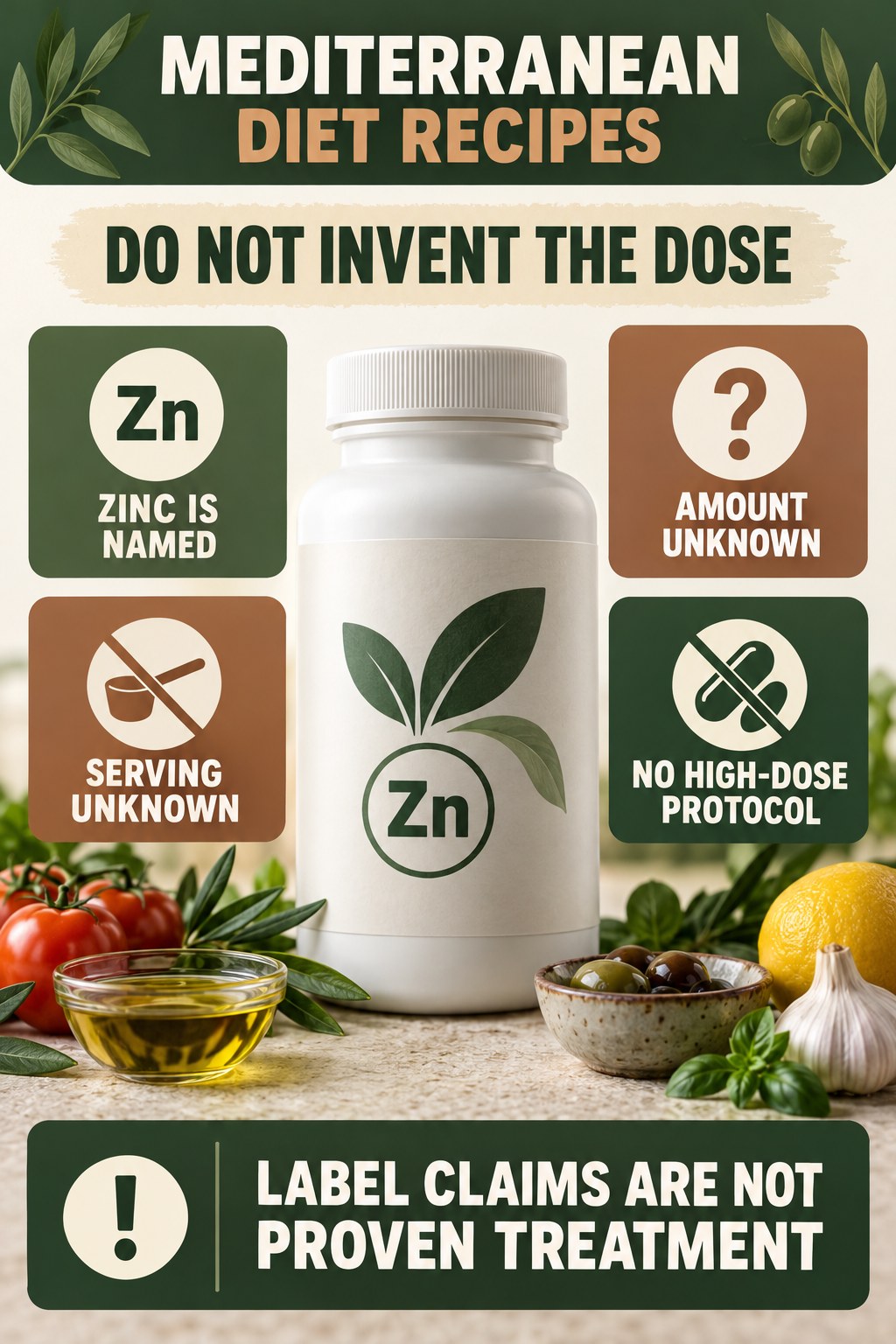Zinc Presence Does Not Establish a Prostate Dose prostate supplement label-literacy infographic for Mediterranean Diet Recipes with four careful reading points.