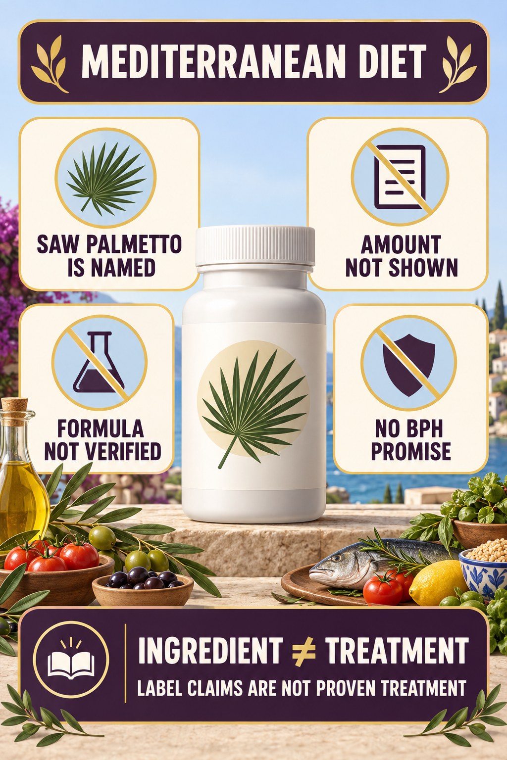 Saw Palmetto Presence Is Not a BPH Treatment Claim prostate supplement label-literacy infographic for Mediterranean Diet with four careful reading points.