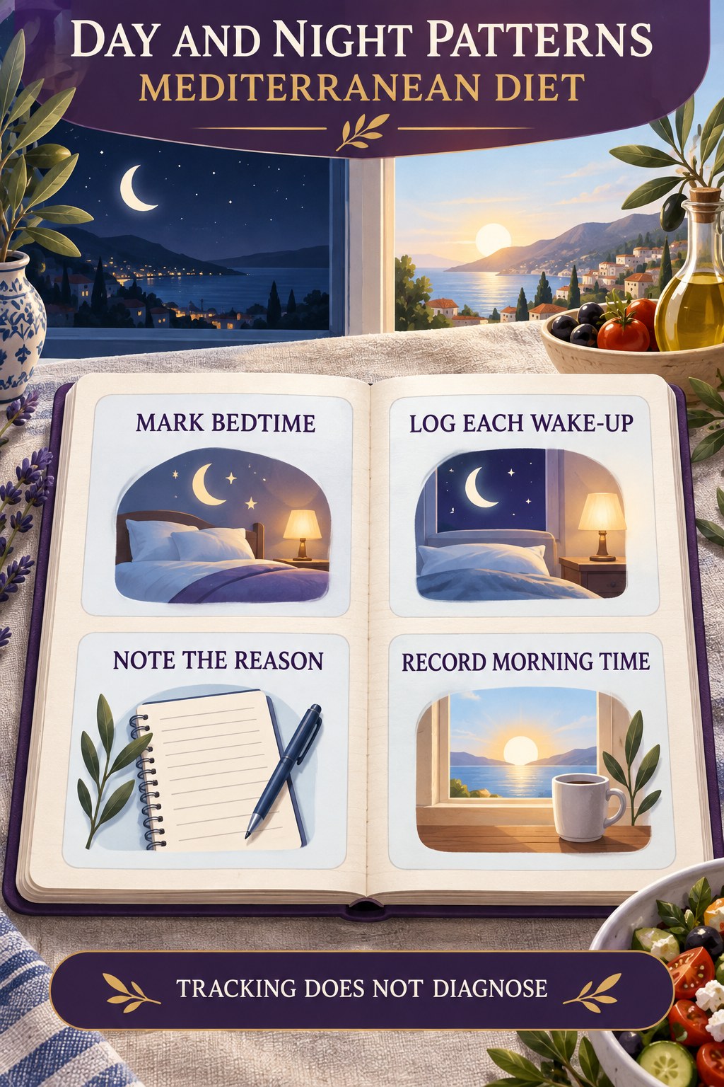 Separate Daytime and Nighttime Patterns urinary symptom tracking infographic for Mediterranean Diet with four practical diary points and a non-diagnostic reminder.