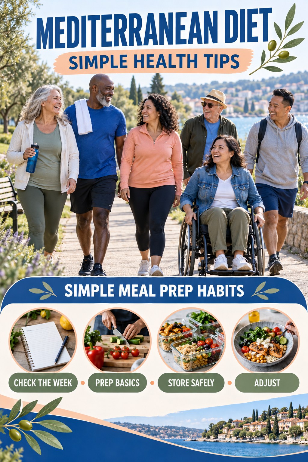 Mediterranean Diet simple-health graphic titled Simple Meal Prep Habits with four practical wellness prompts.