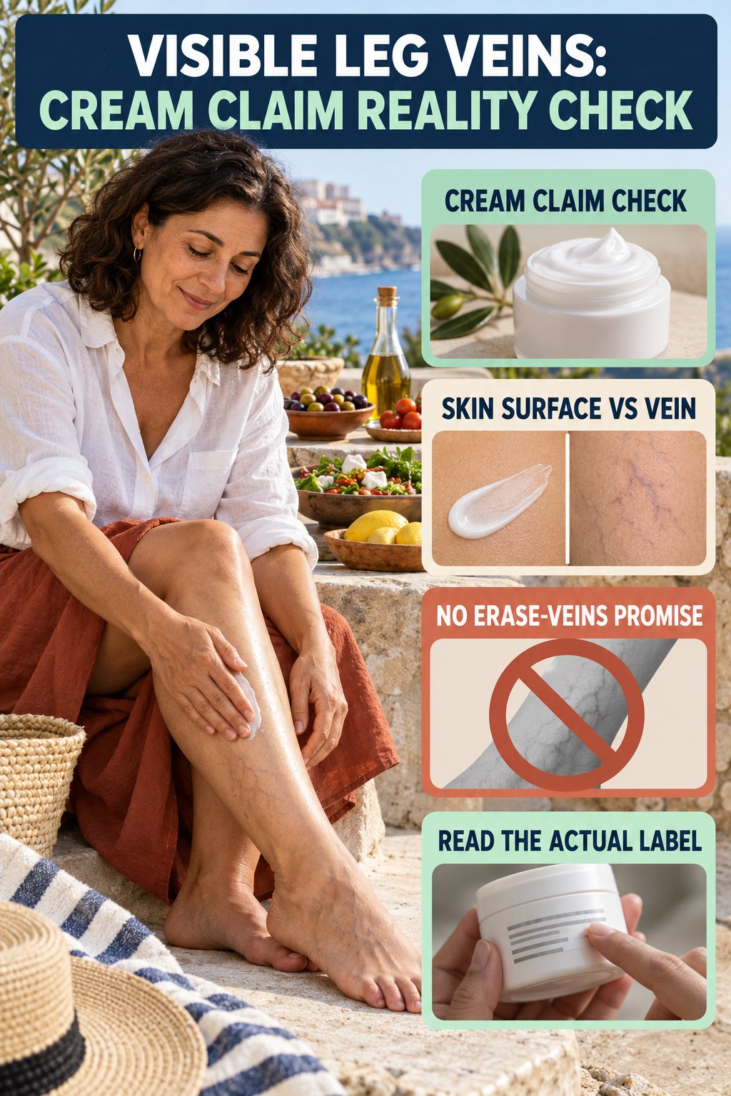 Cream Claim Reality Check infographic for Mediterranean Diet, showing body-neutral visible-leg-vein appearance care and the boundary between temporary cosmetic support and treatment.