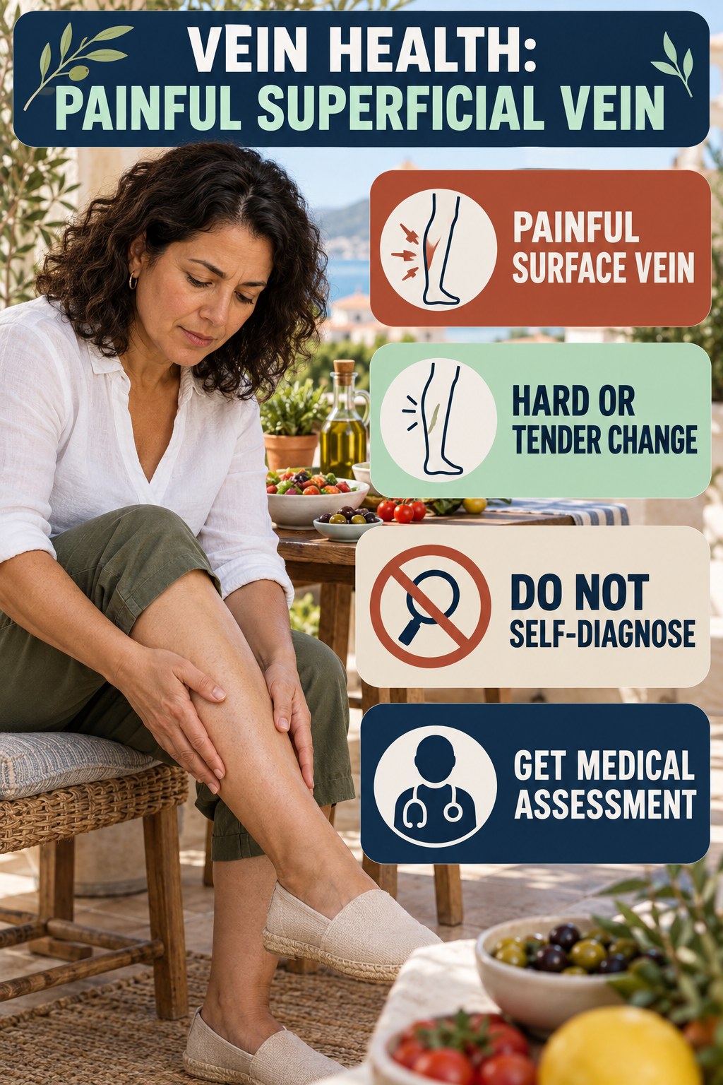 Painful Superficial Vein infographic for Mediterranean Diet, explaining vein-health warning signs and the appropriate next action without diagnosing a condition.
