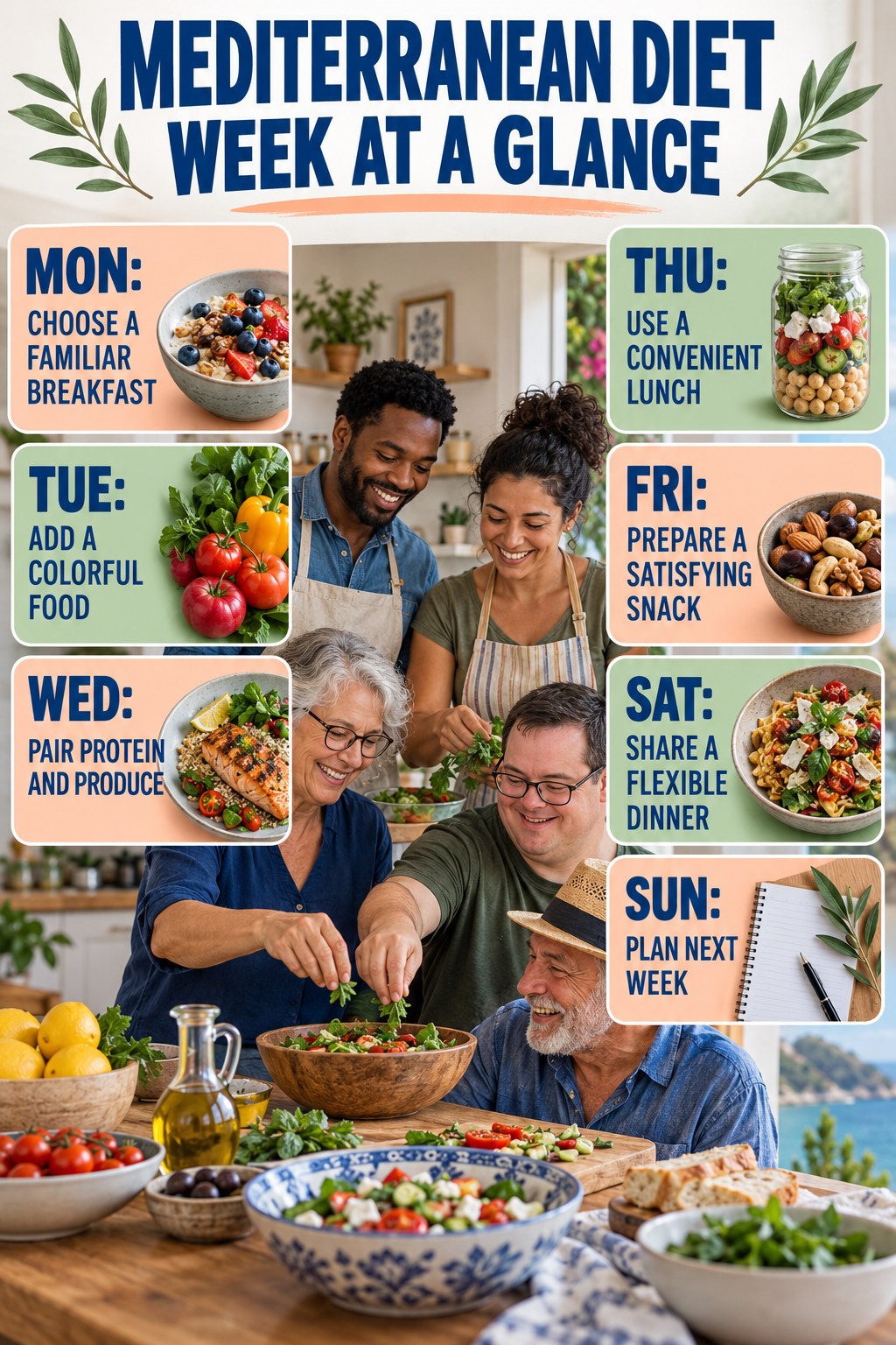Weekly Mediterranean Diet plan graphic with concise Monday-to-Sunday actions and flexible recovery guidance.