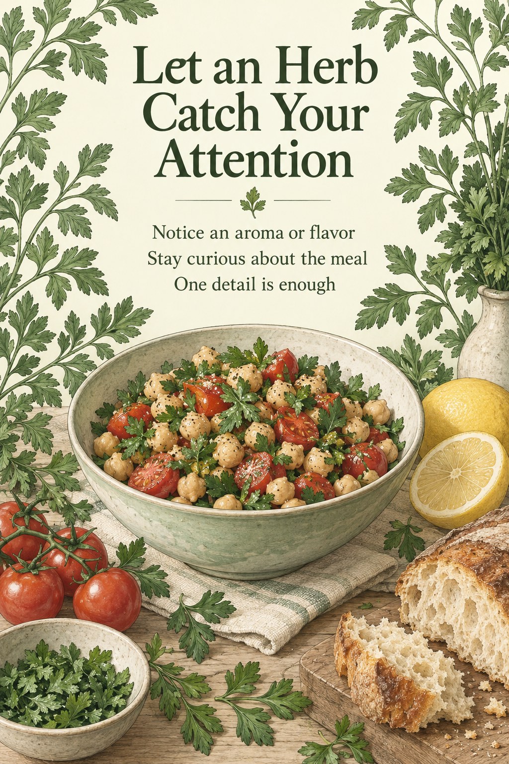 Chickpea, tomato, and parsley salad with lemon and bread under a headline about noticing herbal aromas.