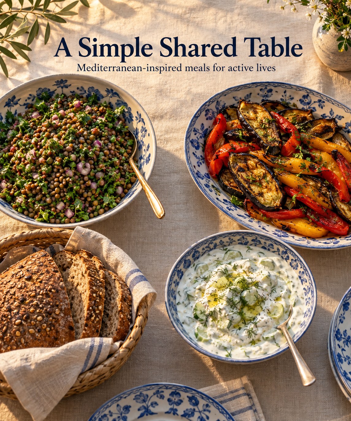 Small shared table with lentil salad, roasted vegetables, bread, and yogurt dip.