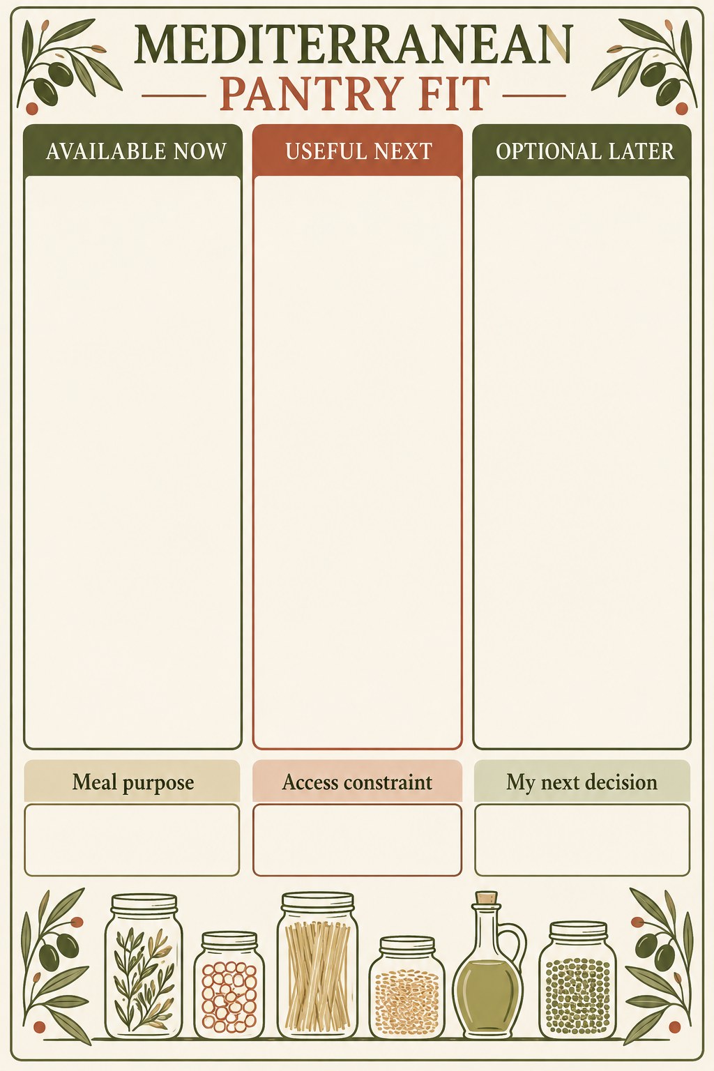 Blank Mediterranean pantry review with available, useful next, and optional later columns plus a meal purpose field.
