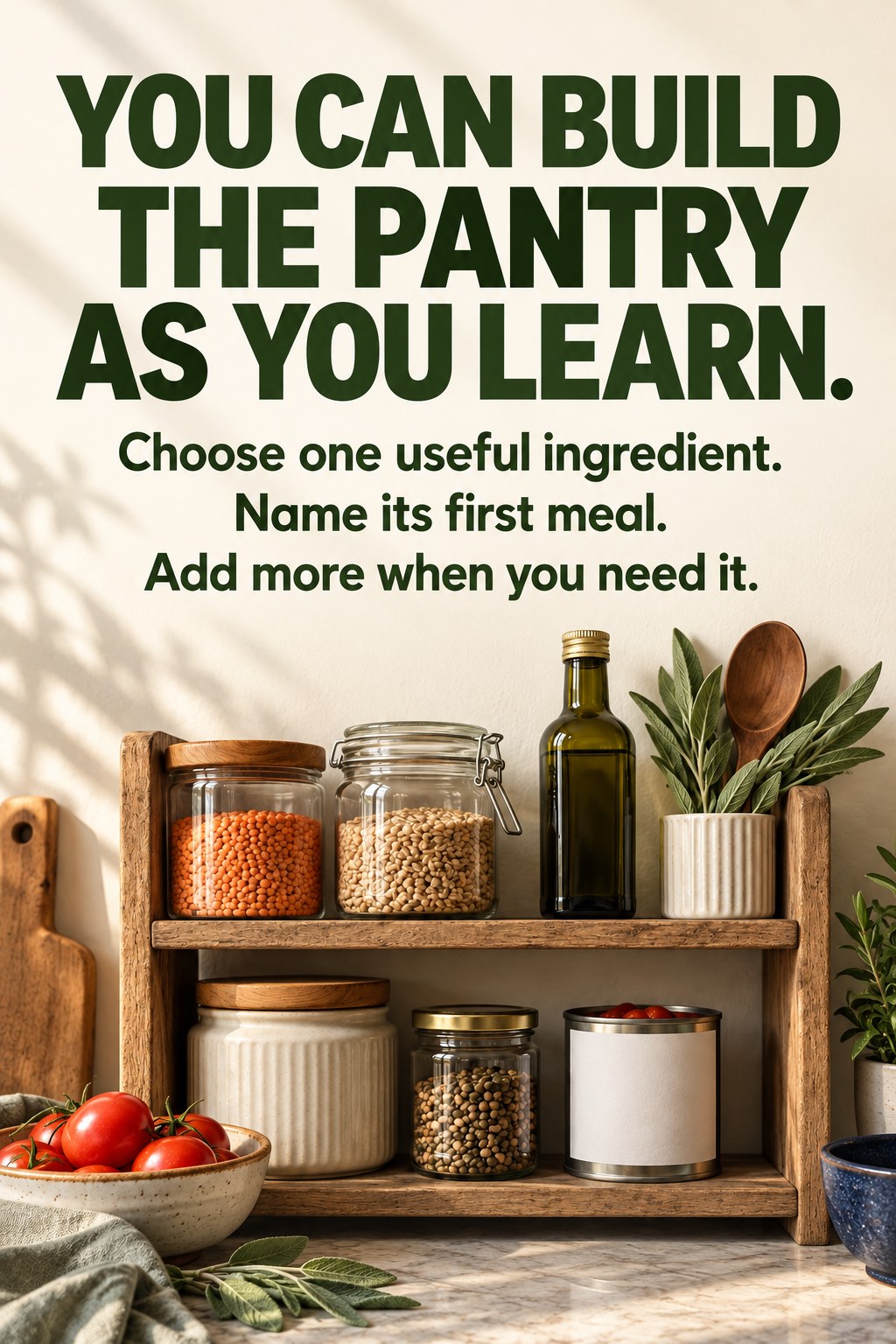 Pantry shelves with lentils, grains, and olive oil beneath large text encouraging one useful ingredient at a time.