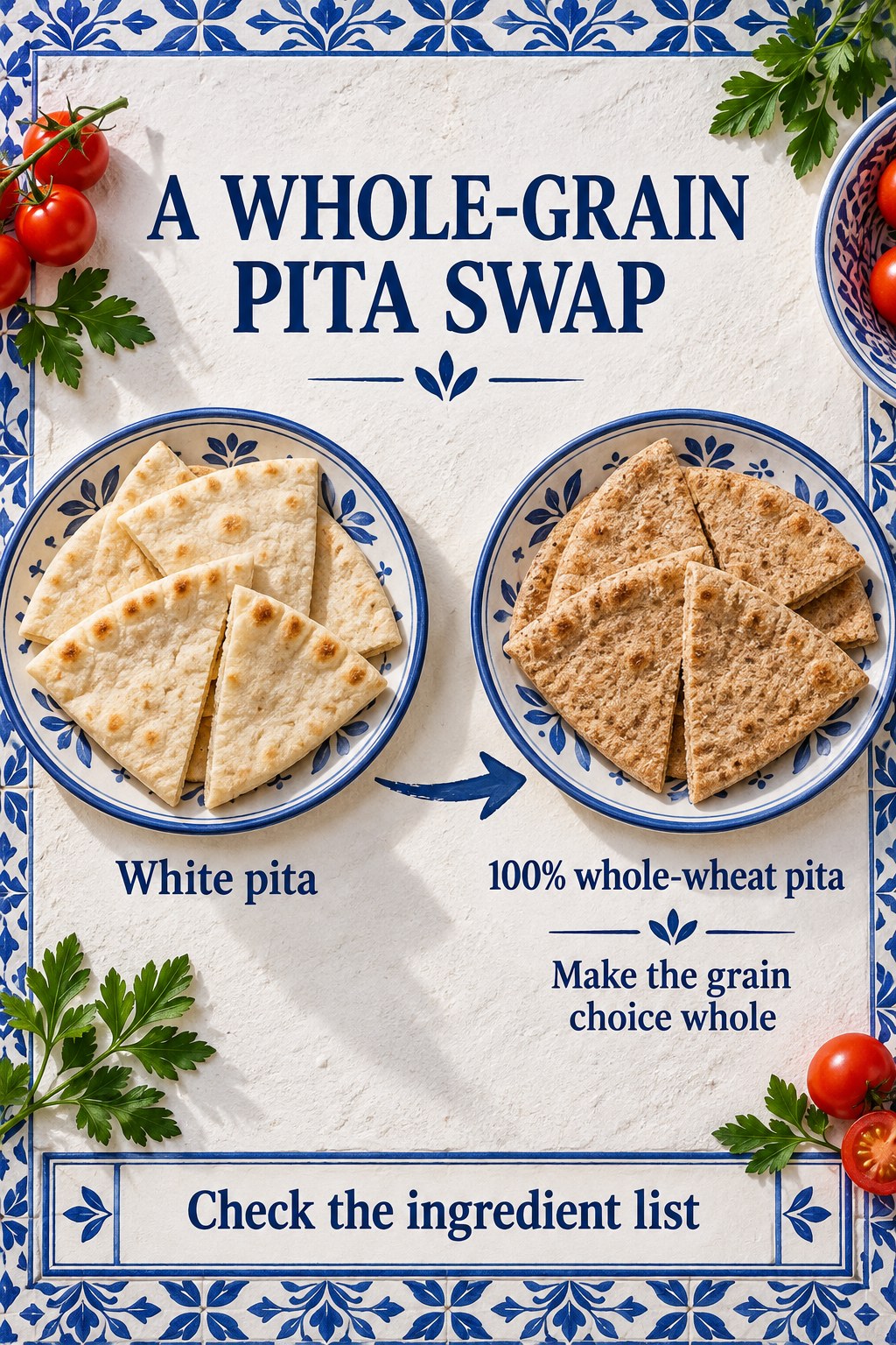 White pita and whole-wheat pita on blue patterned plates with an arrow and a reminder to check the ingredient list.