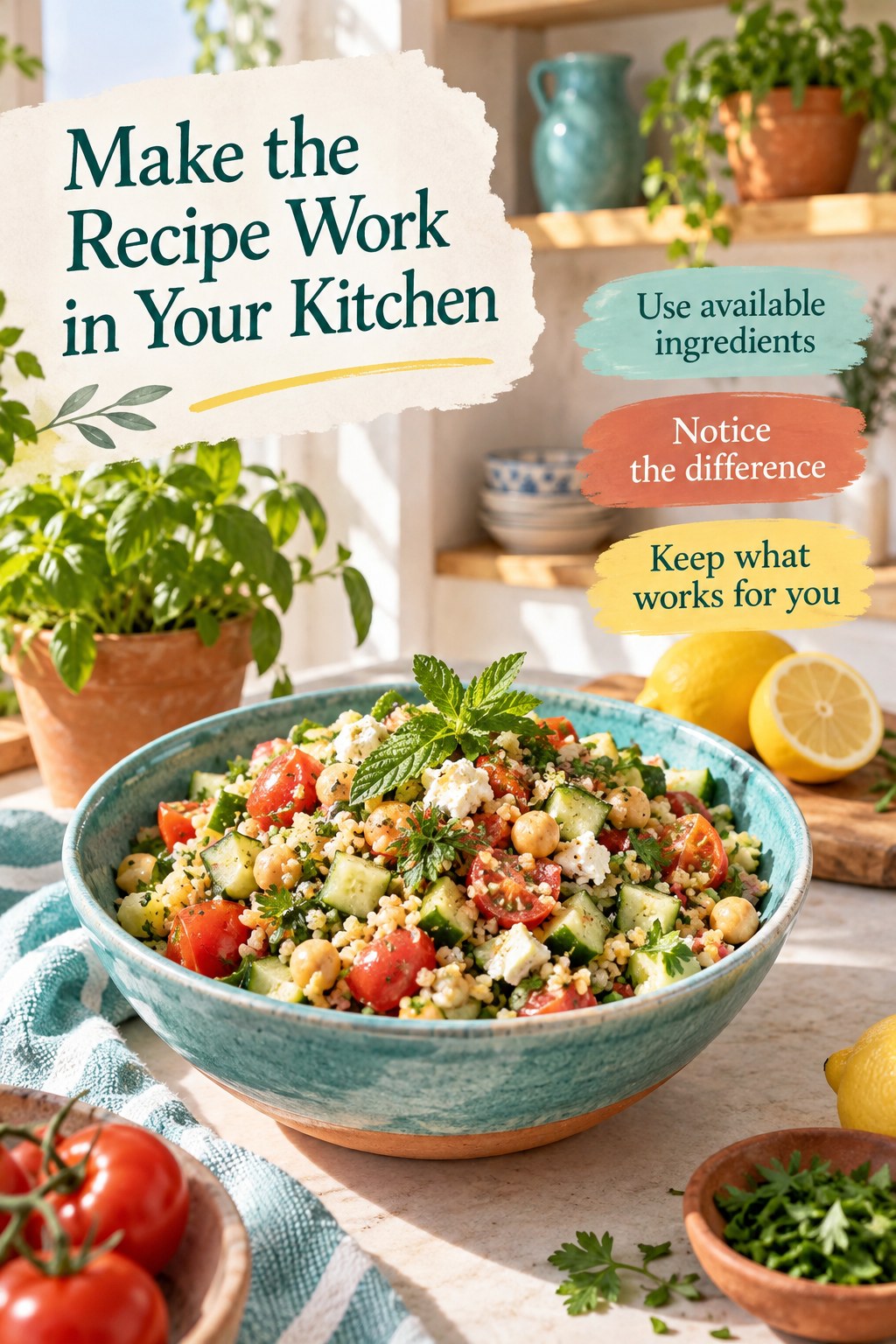 Bulgur, chickpea, and vegetable salad with herbs and a headline encouraging practical recipe adaptation.