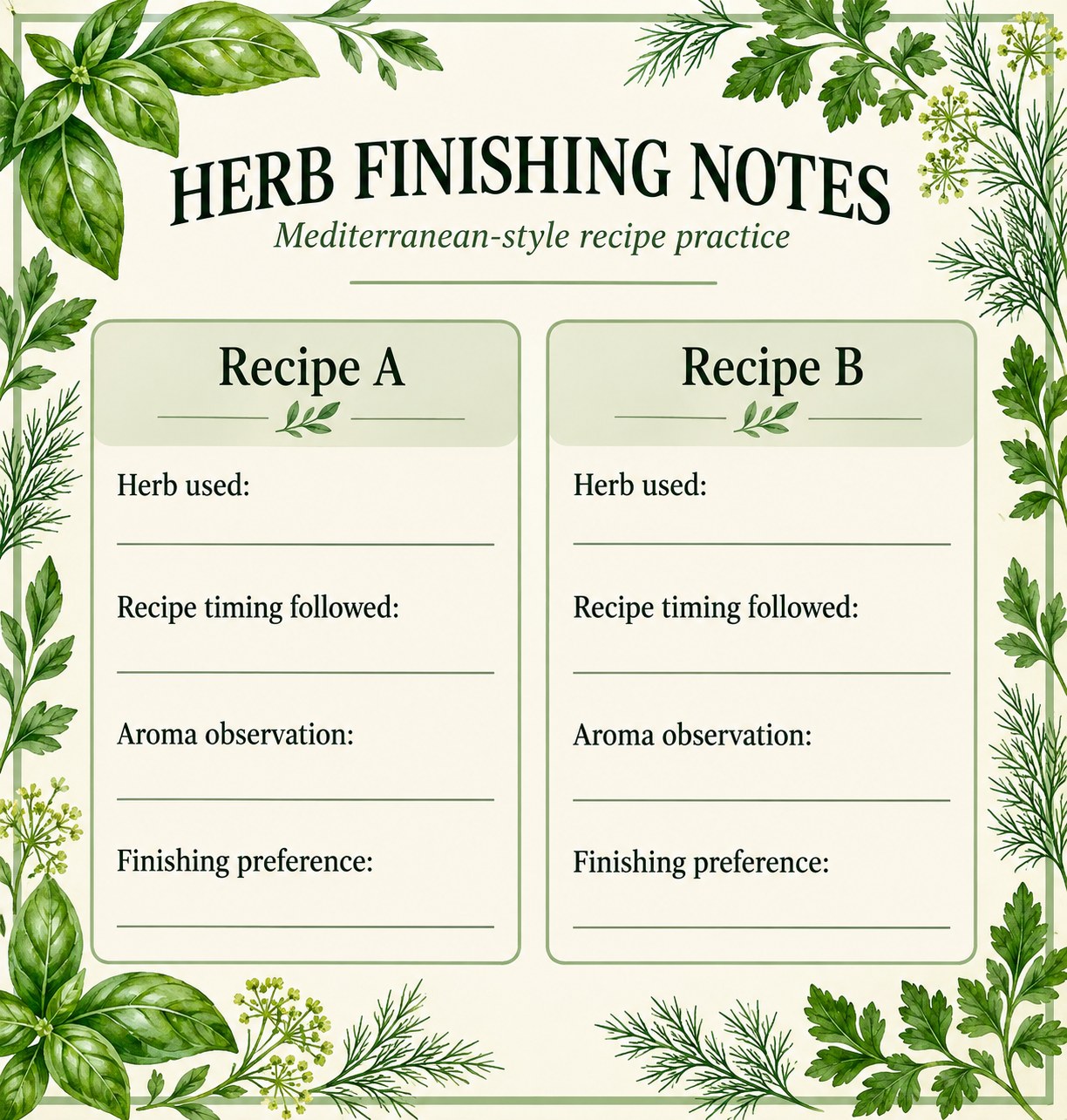 Two blank herb finishing recipe cards with recipe, herb, timing, aroma, and preference fields.