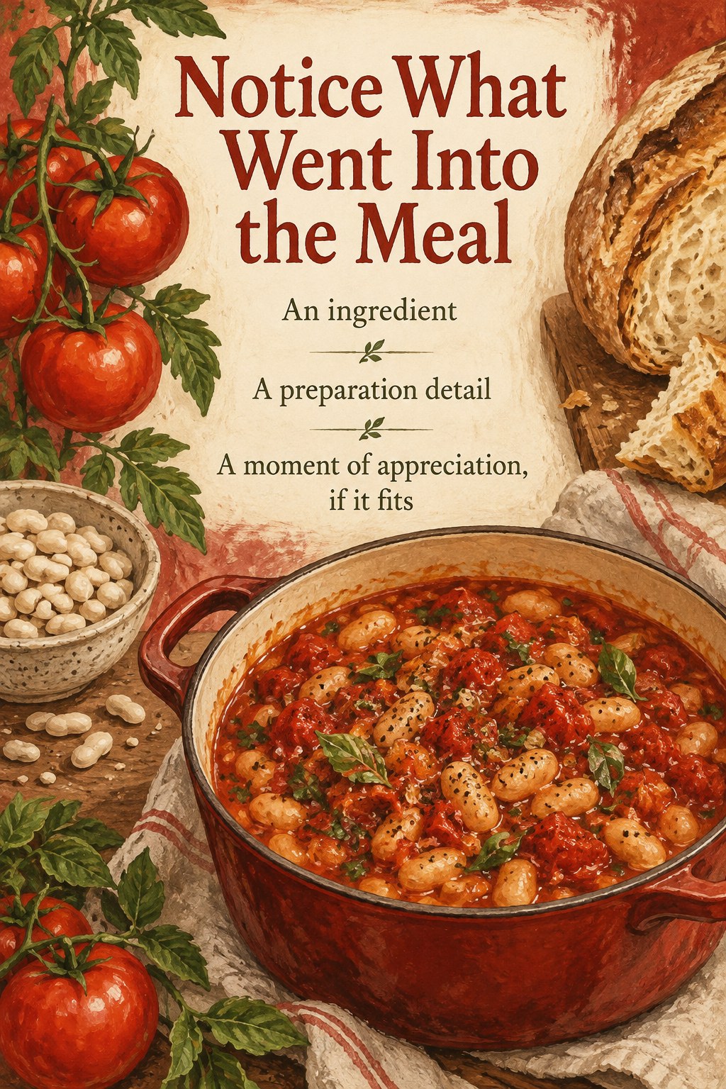 Tomato and white bean braise with bread and fresh ingredients, accompanied by a simple appreciation prompt.