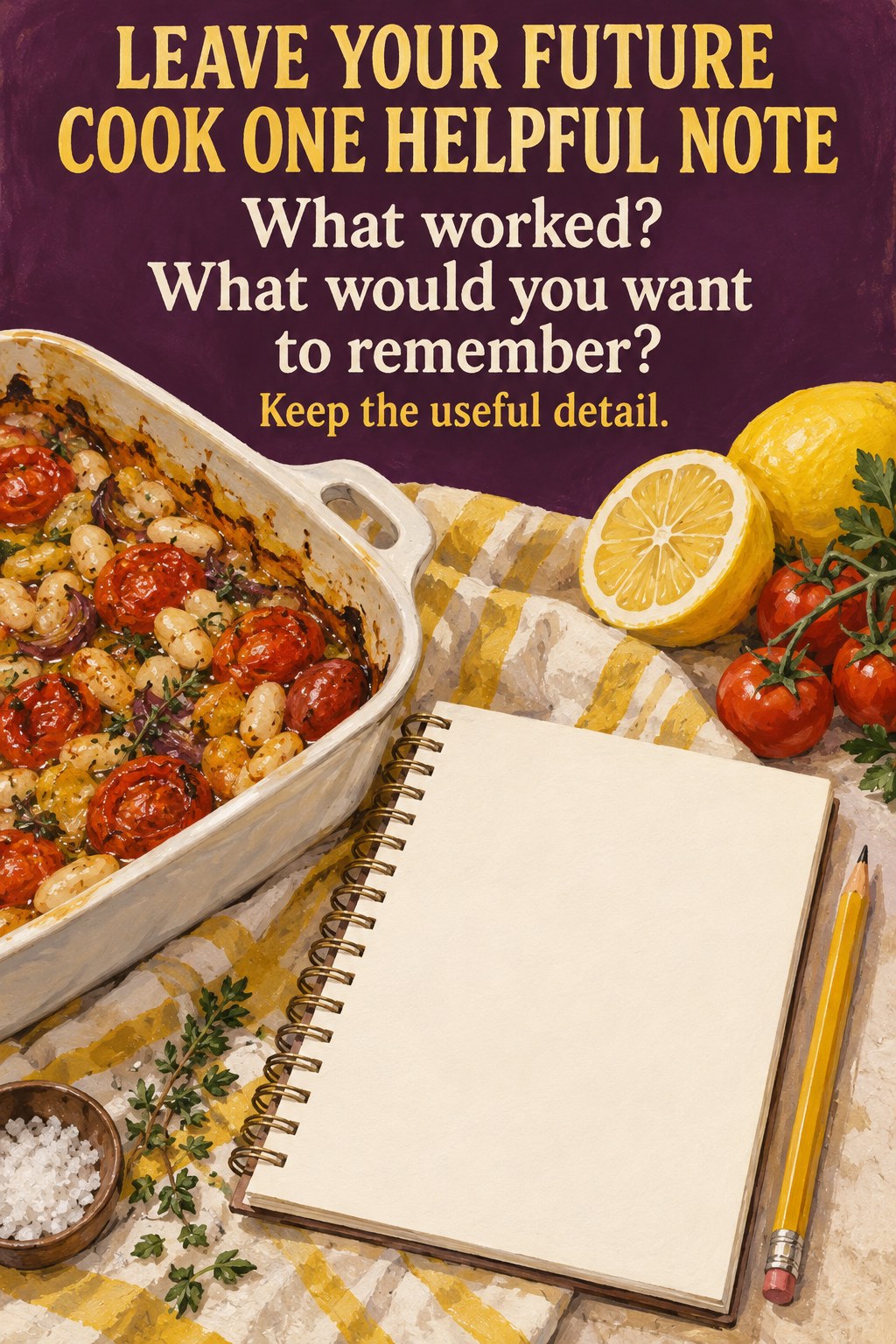Recipe notebook beside a finished white bean and vegetable dish with a reminder to leave one useful note for next time.
