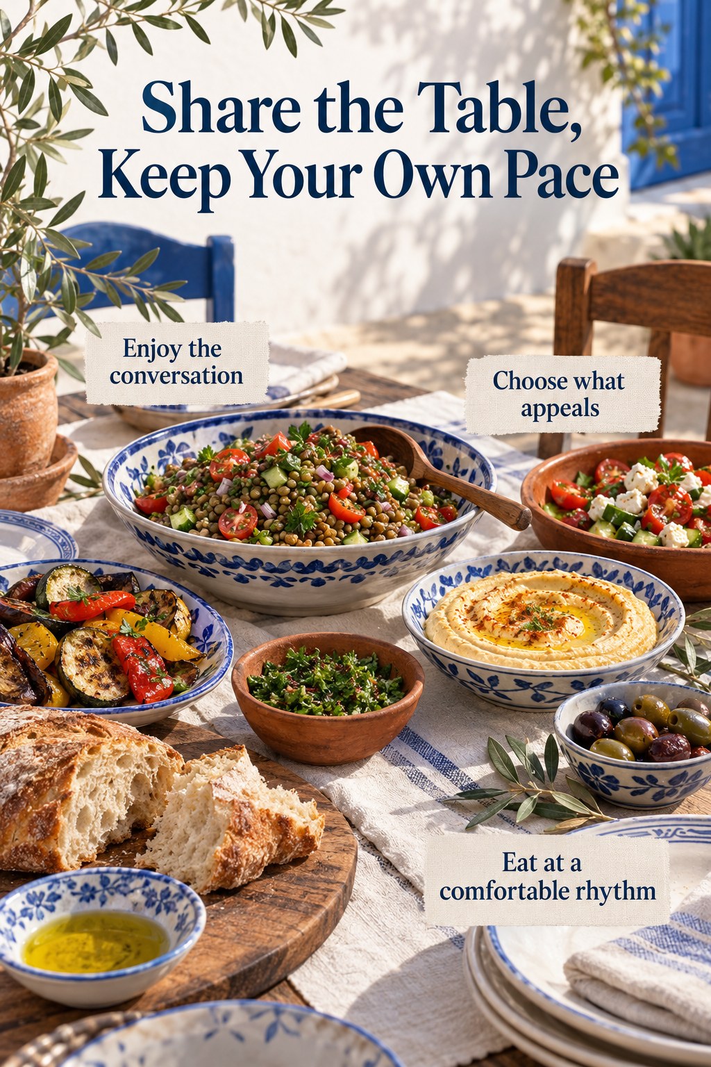 Mediterranean-inspired table with lentil salad, hummus, vegetables, and bread with a message about personal pace.