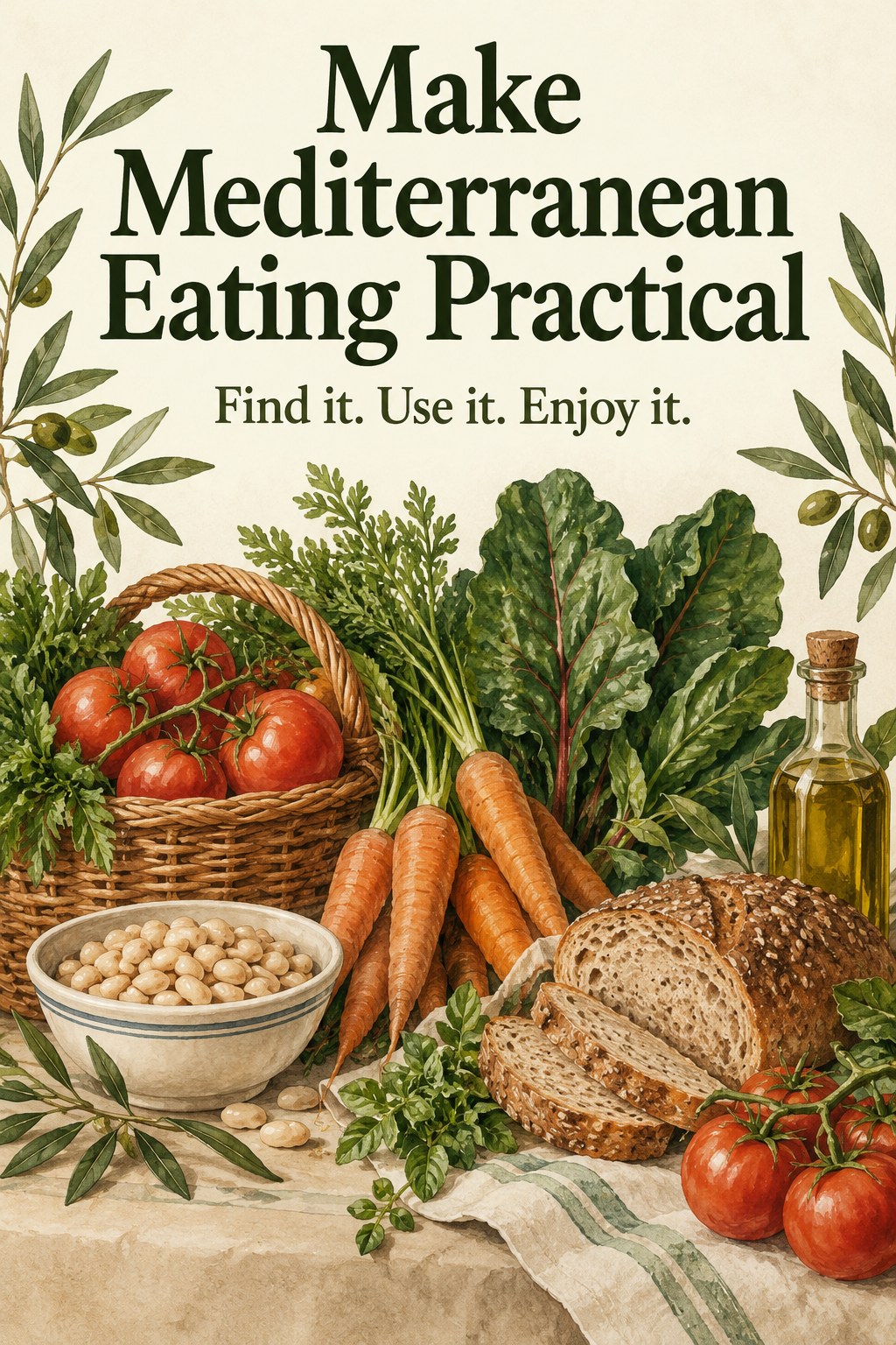 Illustrated basket of vegetables, beans, bread, and olive oil with a practical eating headline.