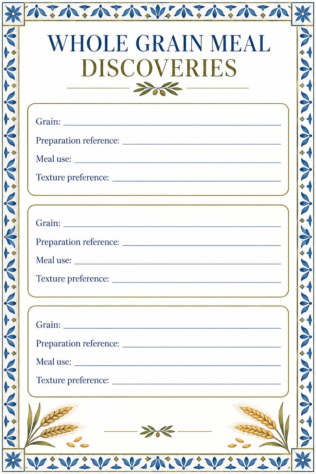 Three blank whole grain discovery cards with grain, preparation reference, meal use, and texture preference fields.