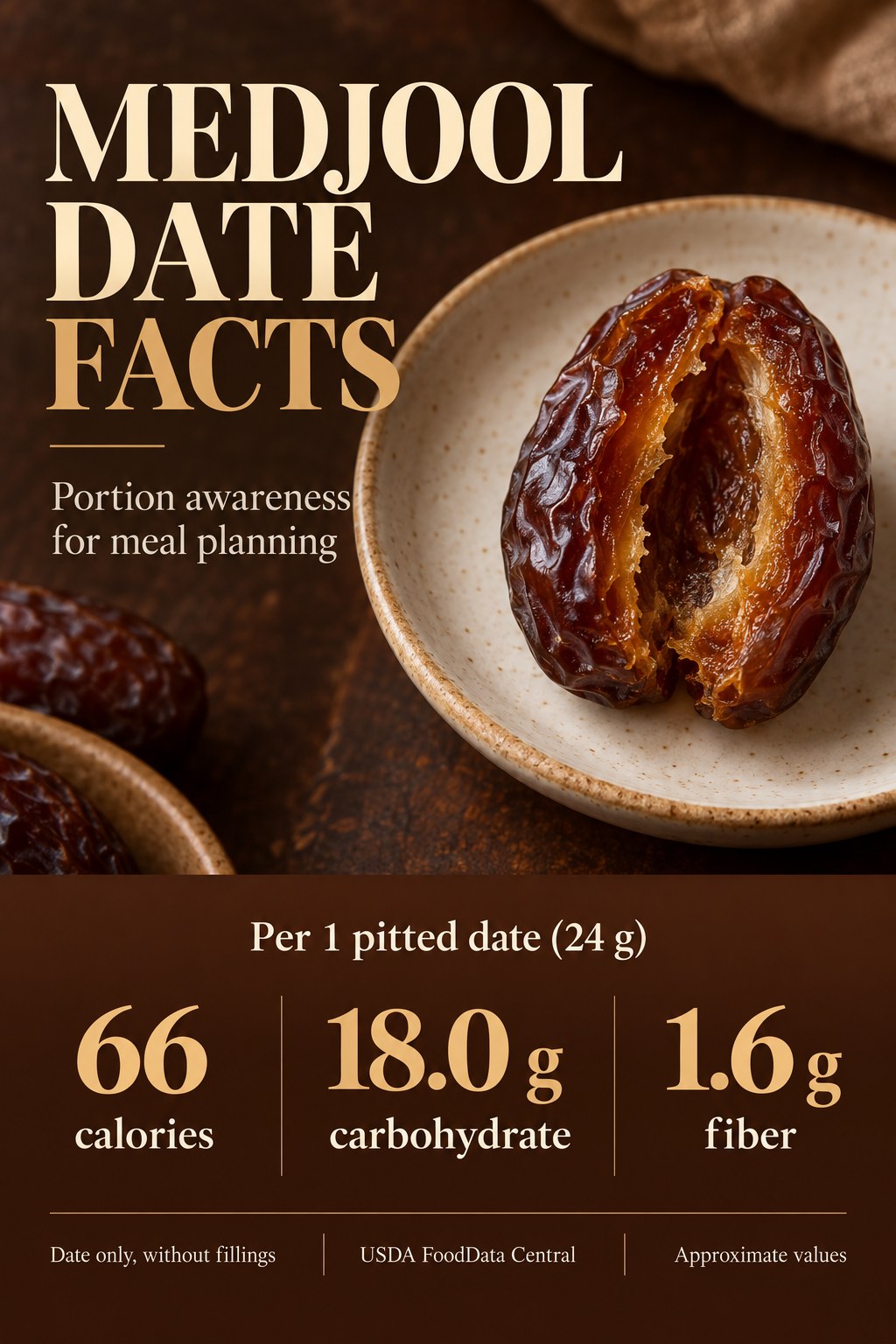 Medjool date card showing 66 calories, 18.0 grams carbohydrate and 1.6 grams fiber per pitted date weighing 24 grams.