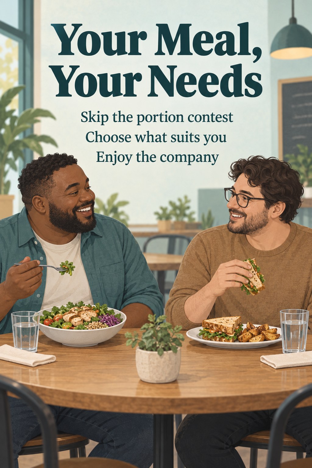 Two men sharing lunch with different meals under the headline Your Meal, Your Needs.