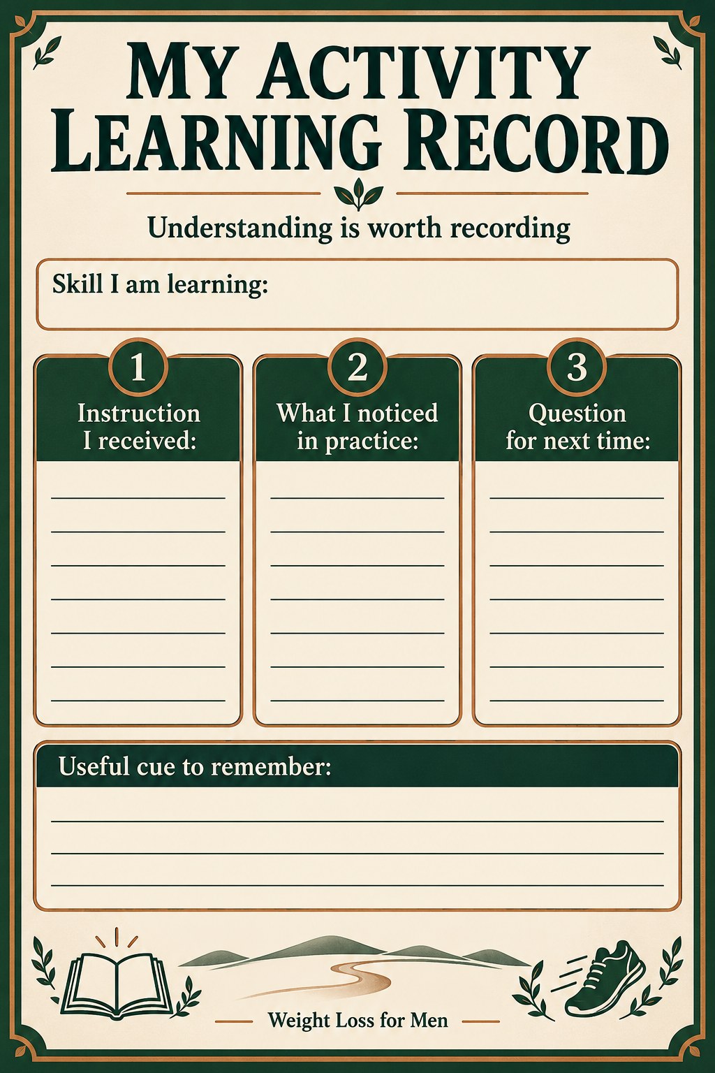 Blank skill-learning passport with instruction, practice, and clarification sections