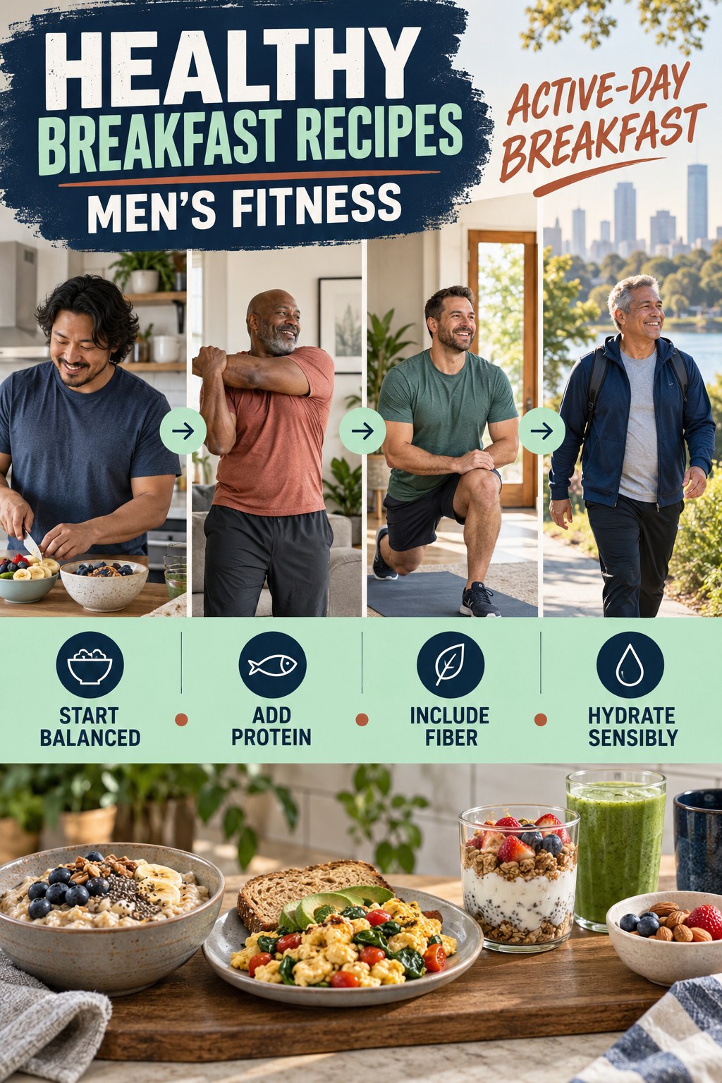 Healthy Breakfast Recipes men’s fitness graphic titled Active-Day Breakfast with four practical training prompts.