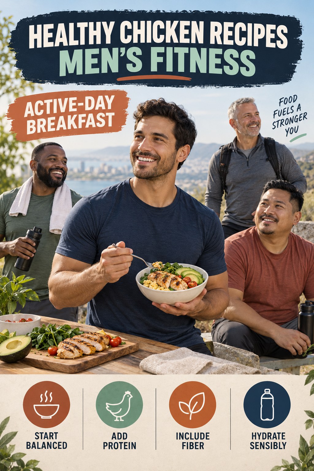 Healthy Chicken Recipes men’s fitness graphic titled Active-Day Breakfast with four practical training prompts.