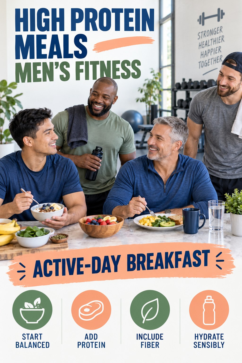 High Protein Meals men’s fitness graphic titled Active-Day Breakfast with four practical training prompts.