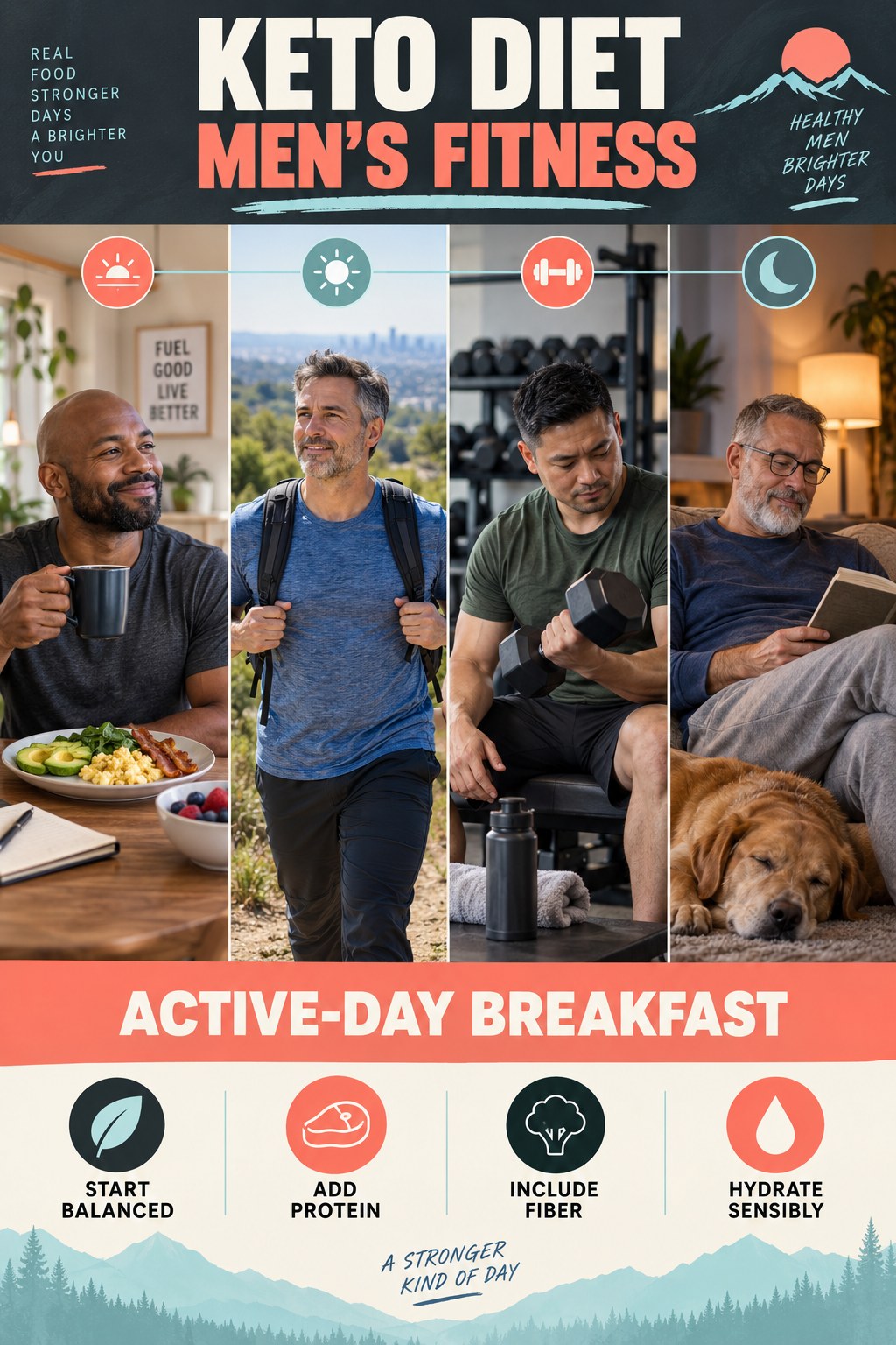 Keto Diet men’s fitness graphic titled Active-Day Breakfast with four practical training prompts.