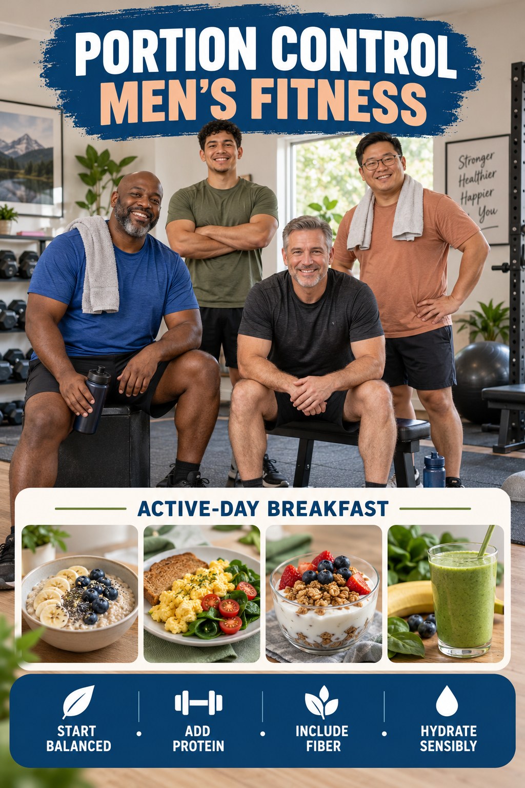 Portion Control men’s fitness graphic titled Active-Day Breakfast with four practical training prompts.