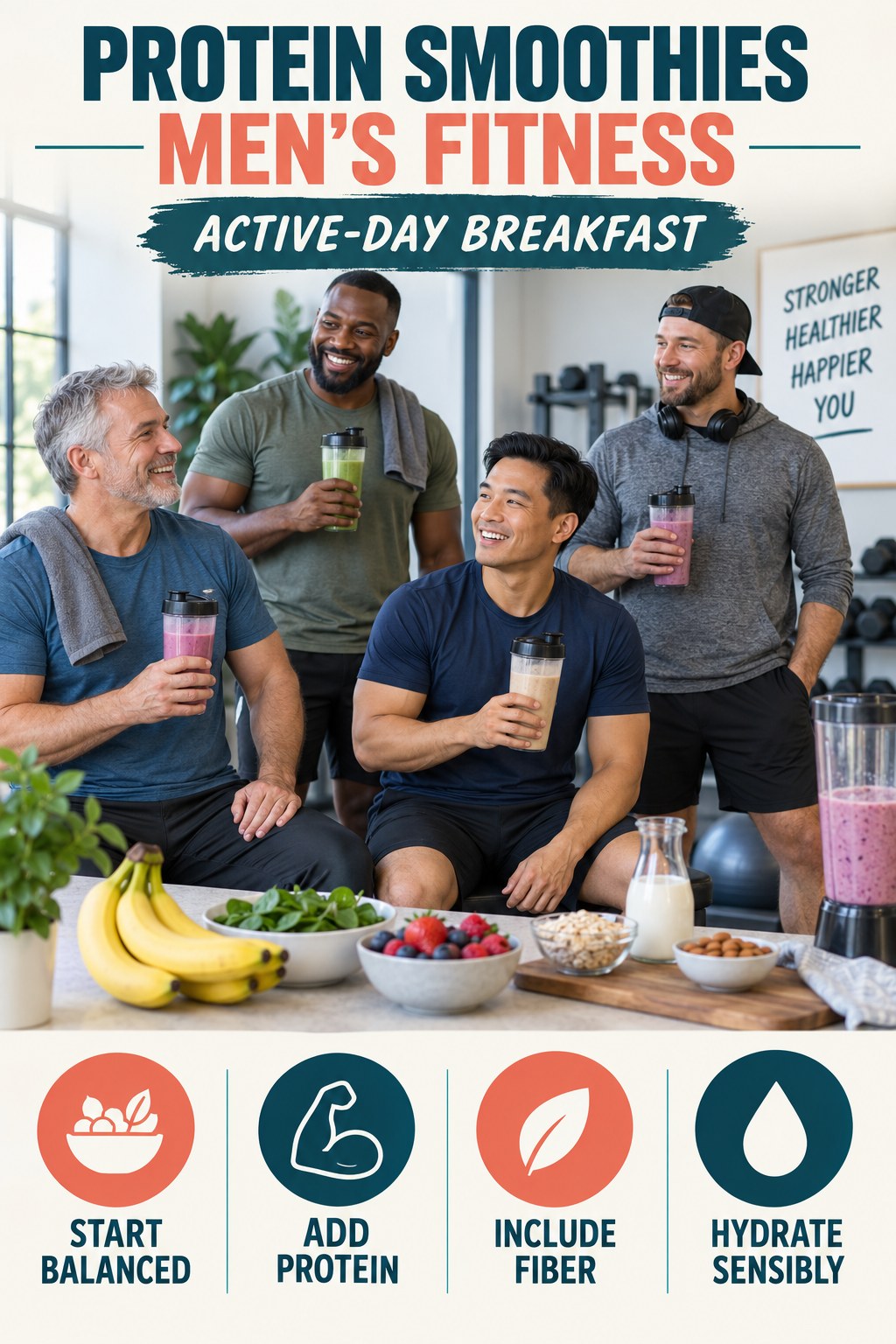 Protein Smoothies men’s fitness graphic titled Active-Day Breakfast with four practical training prompts.