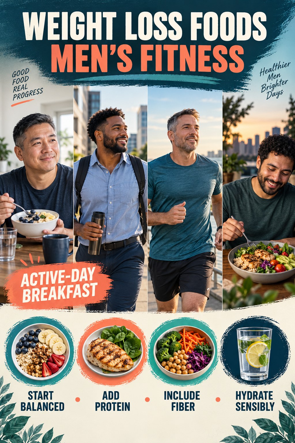 Weight Loss Foods men’s fitness graphic titled Active-Day Breakfast with four practical training prompts.