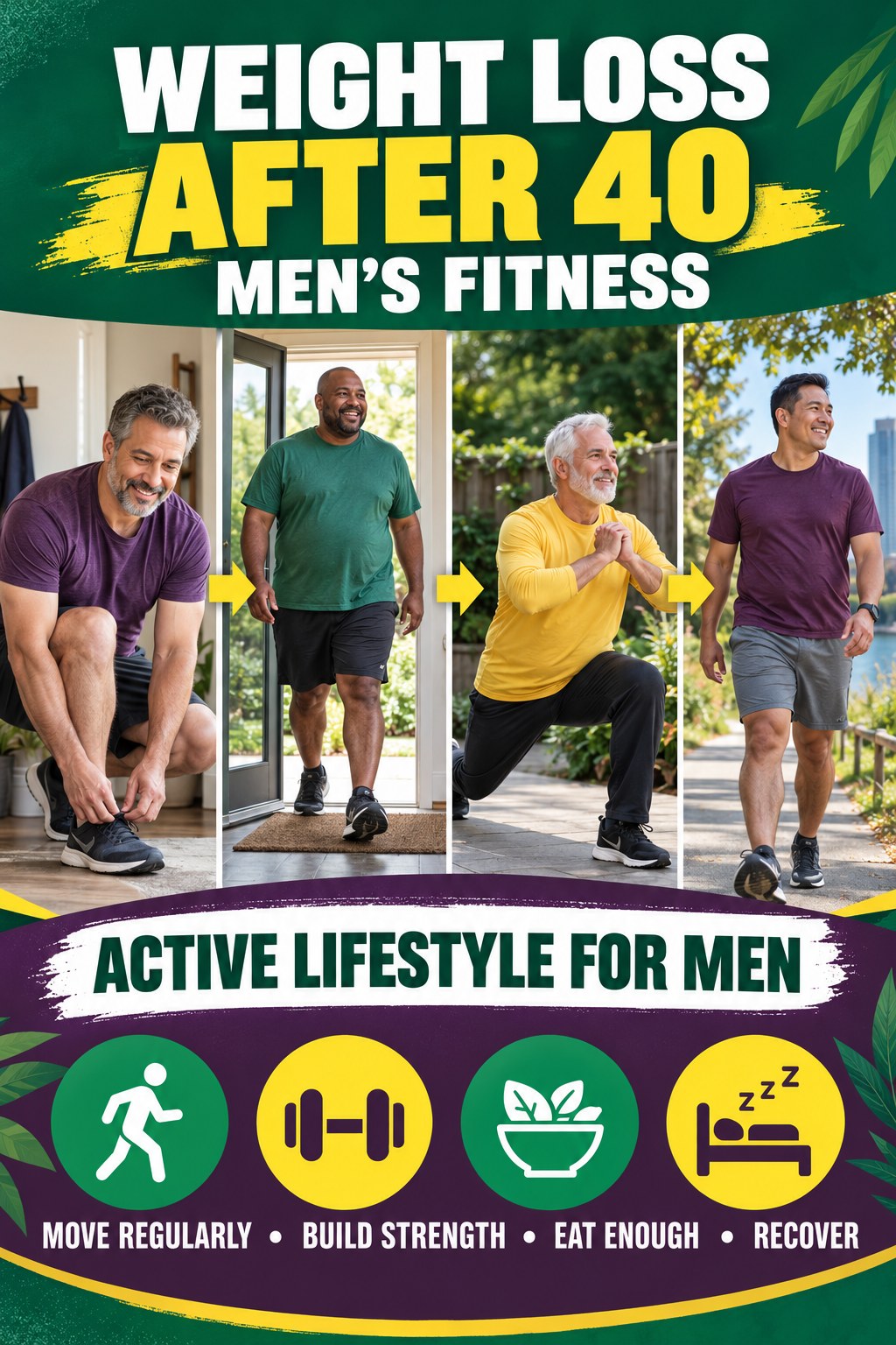 Weight Loss After 40 men’s fitness graphic titled Active Lifestyle for Men with four practical training prompts.