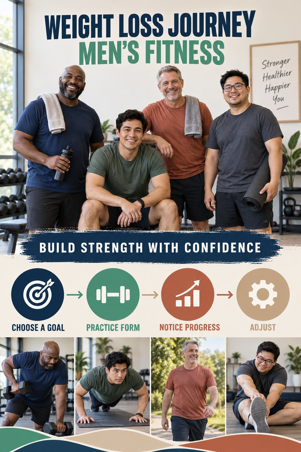 Weight Loss Journey men’s fitness graphic titled Build Strength with Confidence with four practical training prompts.