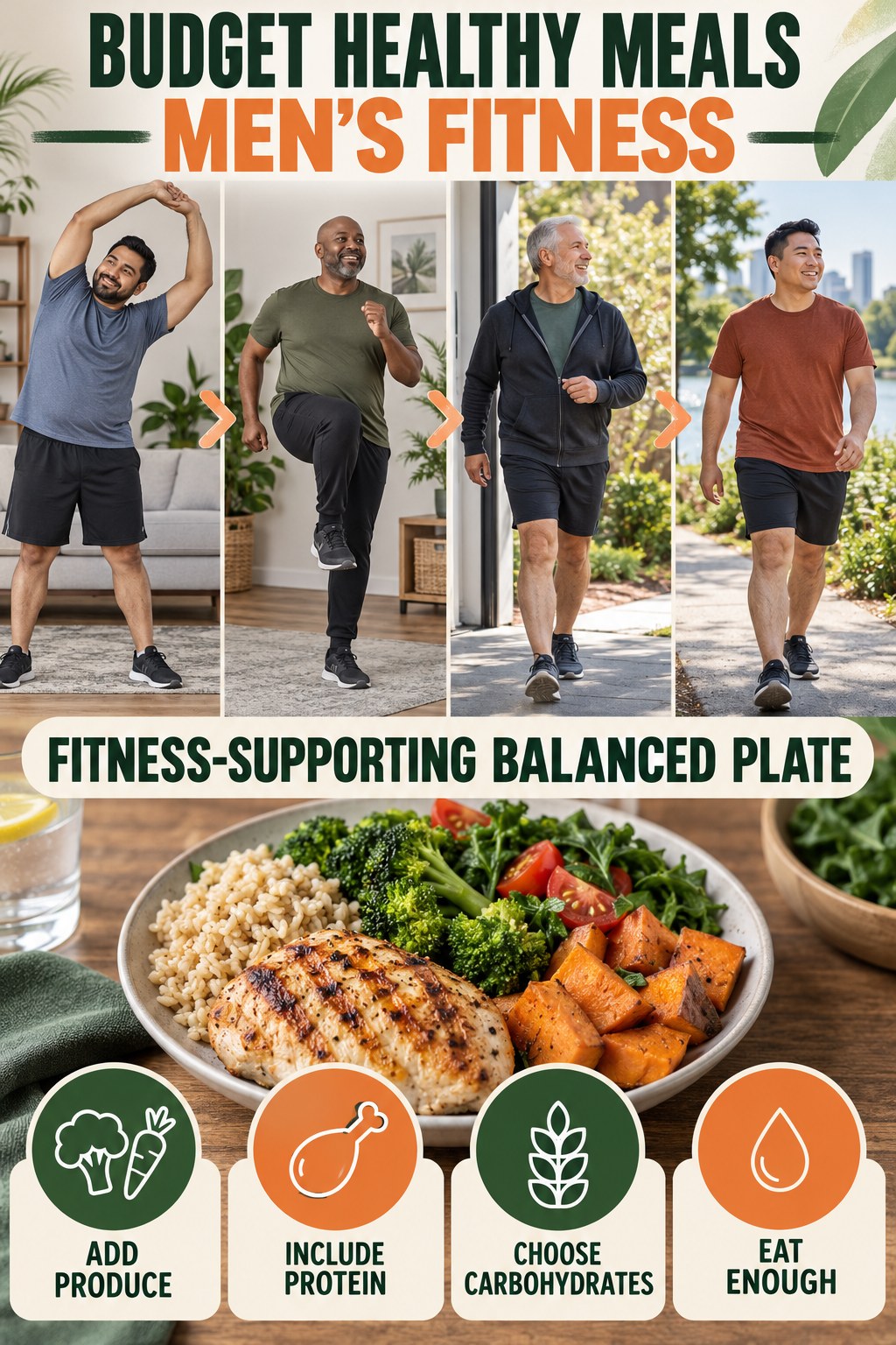 Budget Healthy Meals men’s fitness graphic titled Fitness-Supporting Balanced Plate with four practical training prompts.