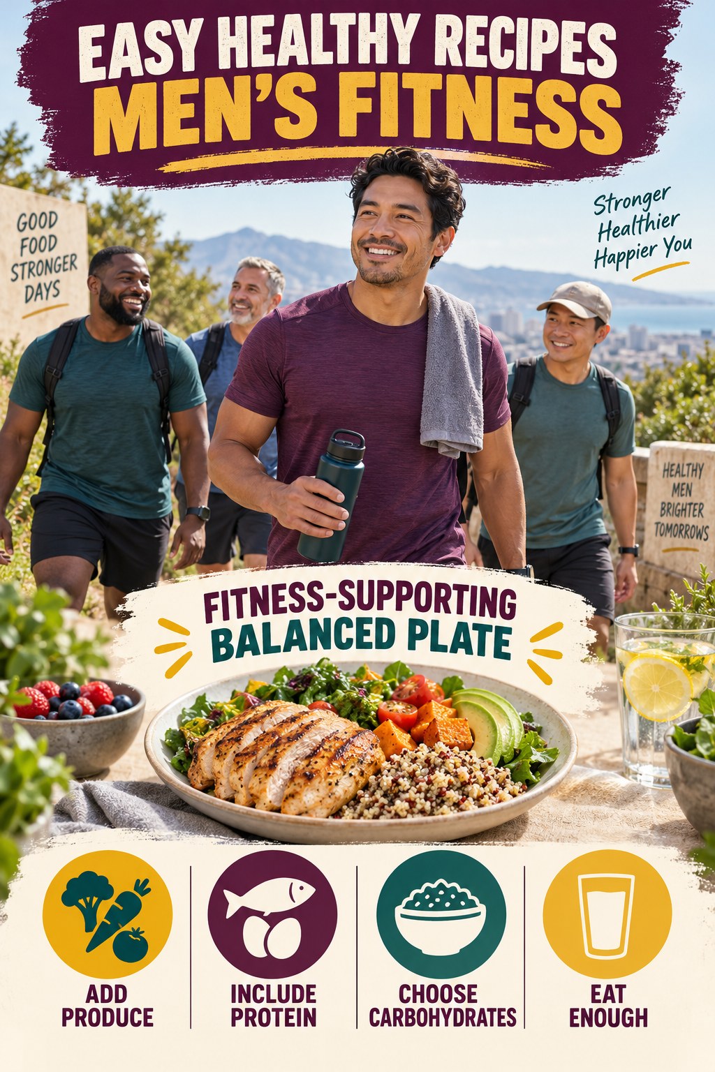 Easy Healthy Recipes men’s fitness graphic titled Fitness-Supporting Balanced Plate with four practical training prompts.