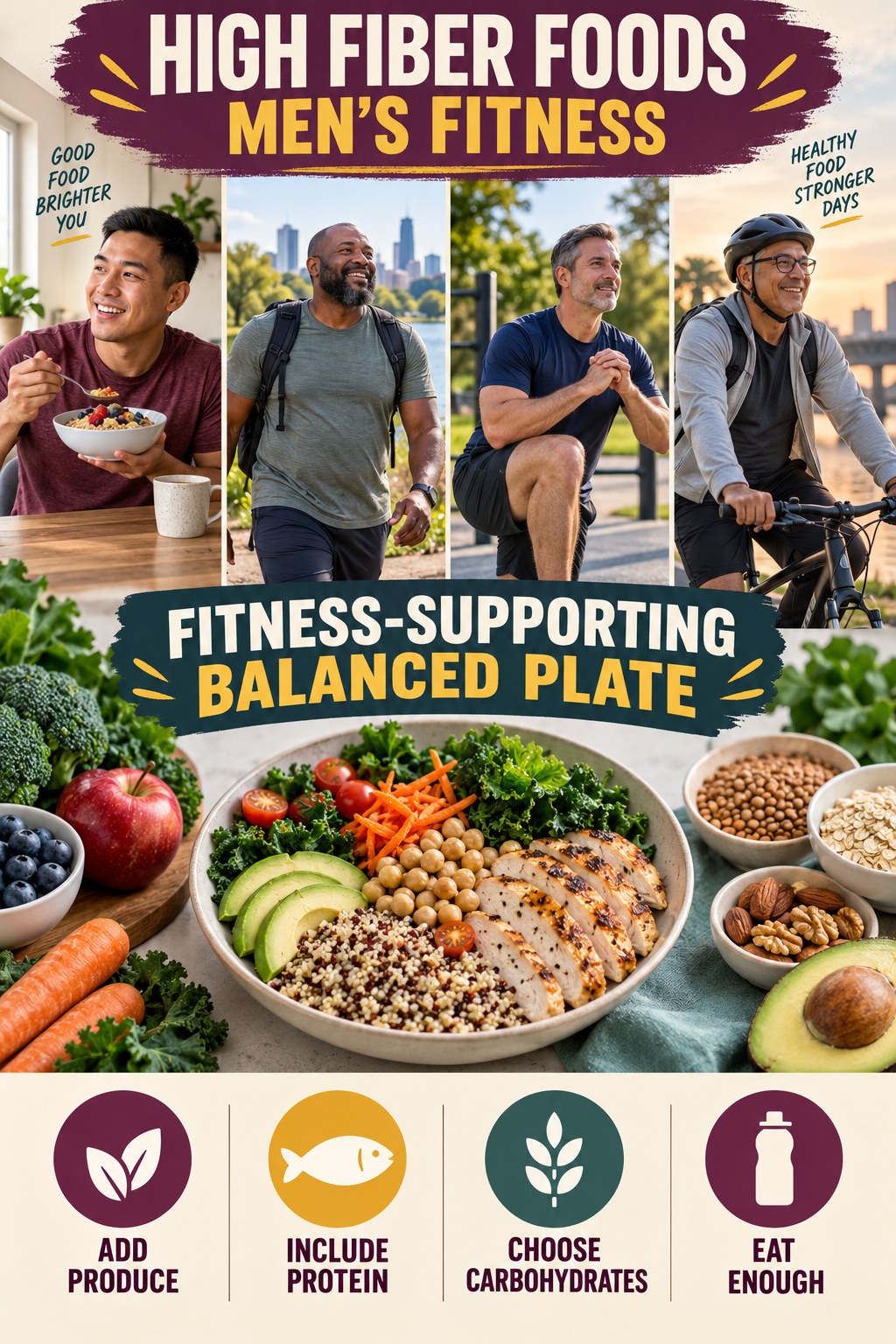 High Fiber Foods men’s fitness graphic titled Fitness-Supporting Balanced Plate with four practical training prompts.