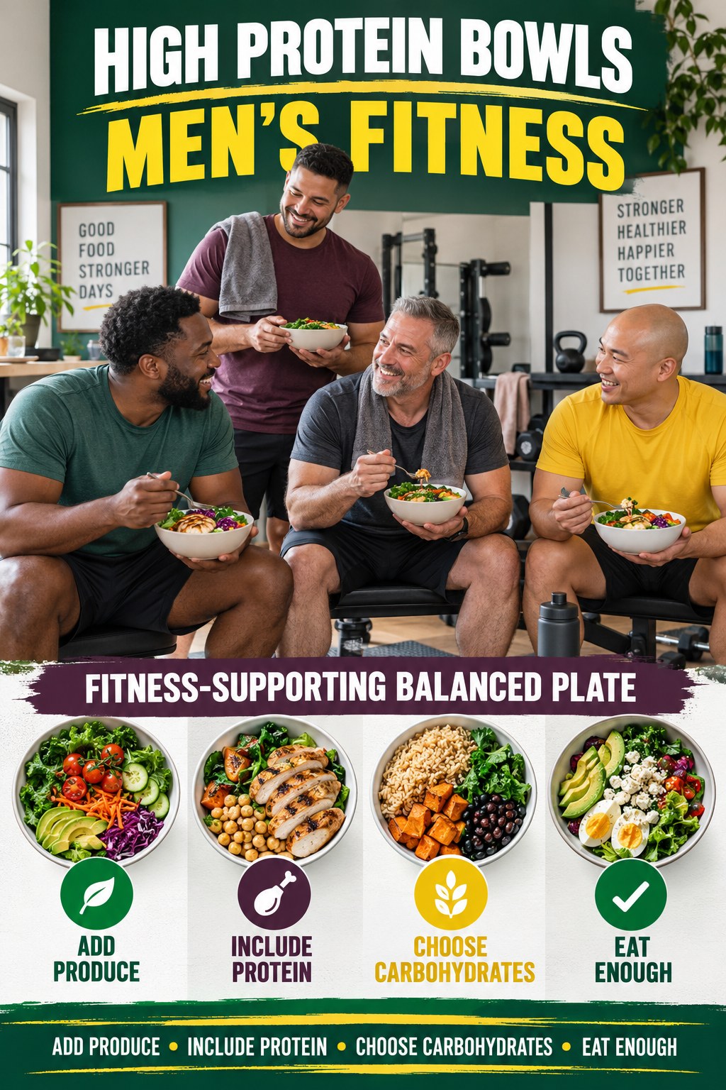 High Protein Bowls men’s fitness graphic titled Fitness-Supporting Balanced Plate with four practical training prompts.