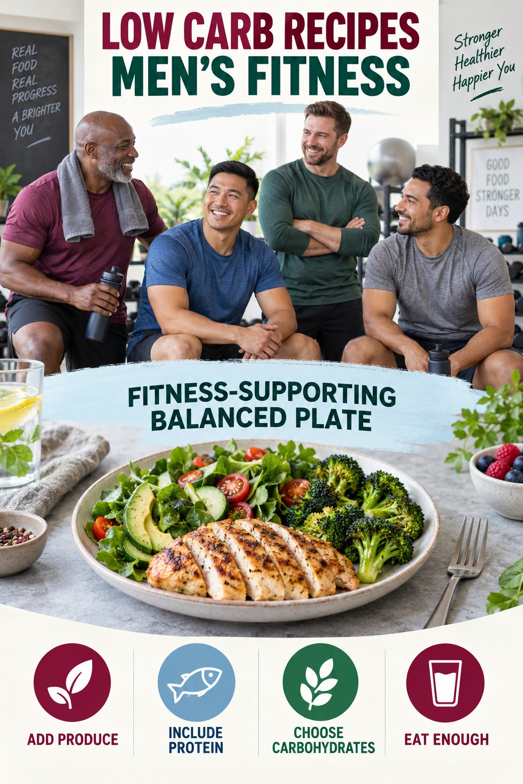 Low Carb Recipes men’s fitness graphic titled Fitness-Supporting Balanced Plate with four practical training prompts.