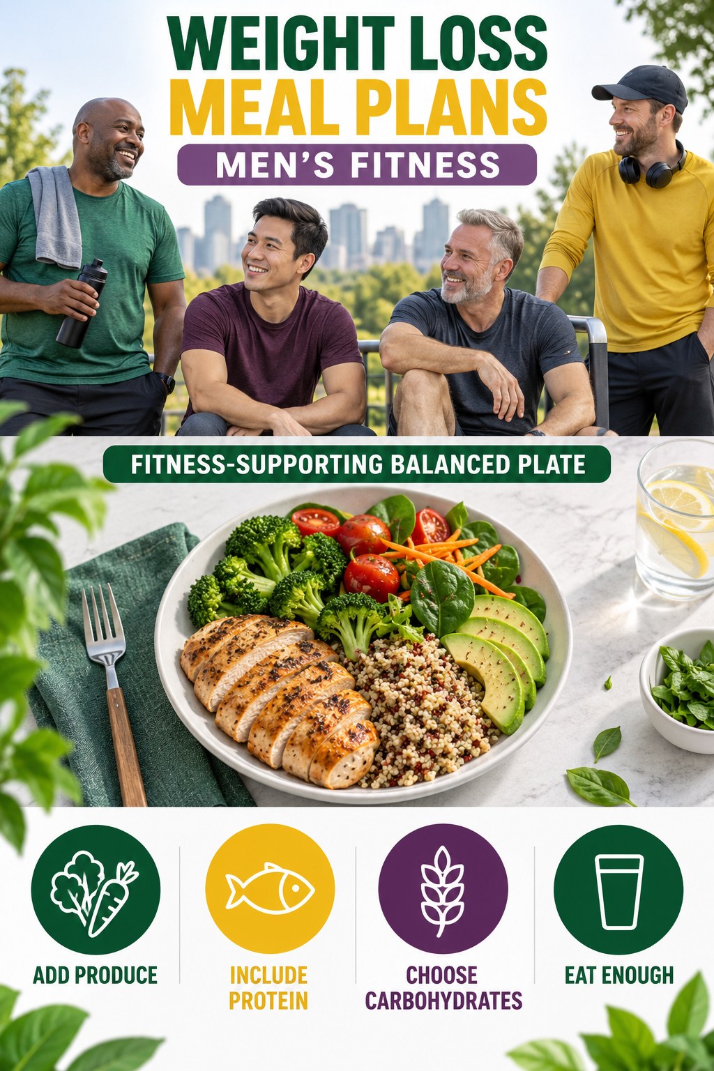 Weight Loss Meal Plans men’s fitness graphic titled Fitness-Supporting Balanced Plate with four practical training prompts.
