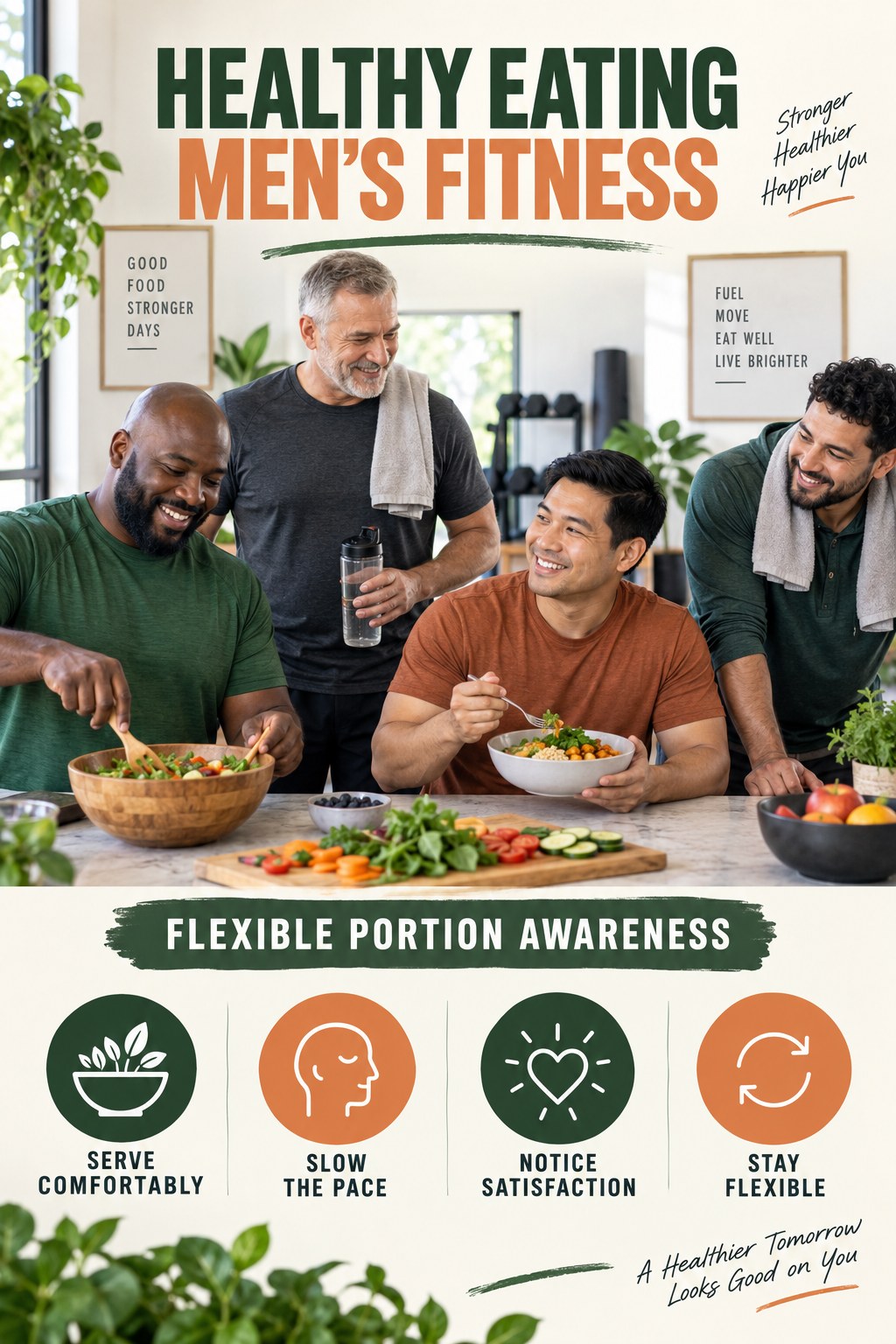 Healthy Eating men’s fitness graphic titled Flexible Portion Awareness with four practical training prompts.