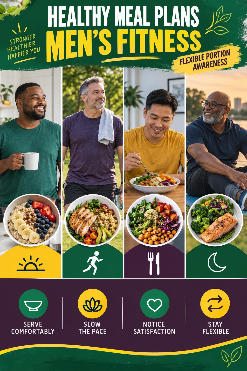 Healthy Meal Plans men’s fitness graphic titled Flexible Portion Awareness with four practical training prompts.