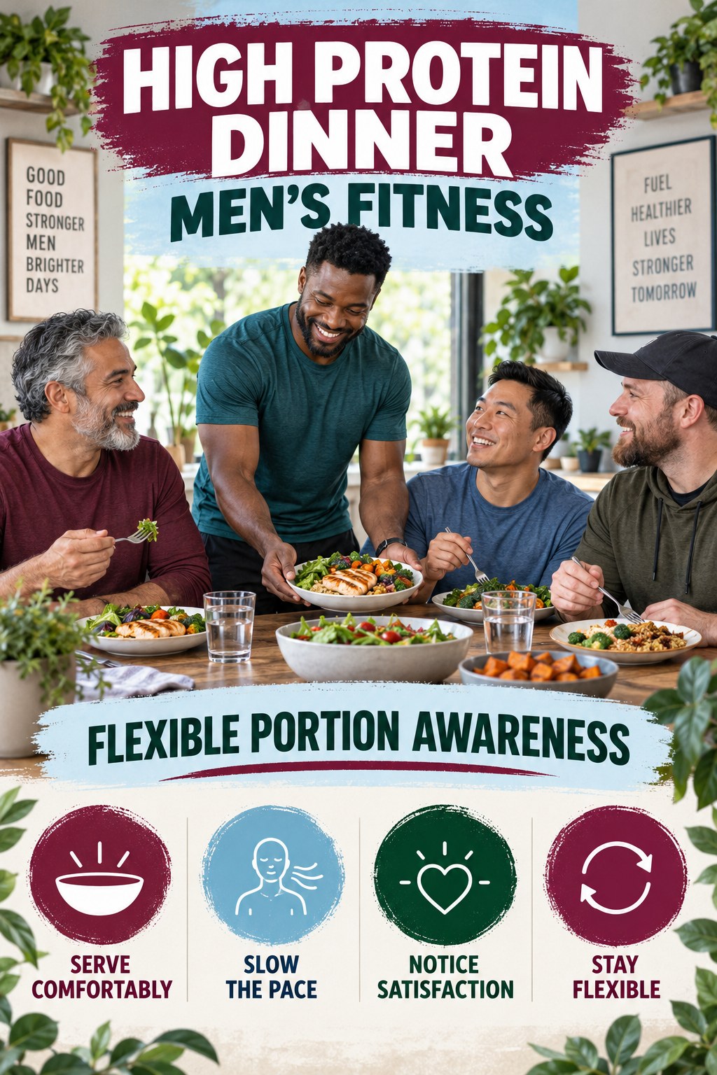 High Protein Dinner men’s fitness graphic titled Flexible Portion Awareness with four practical training prompts.