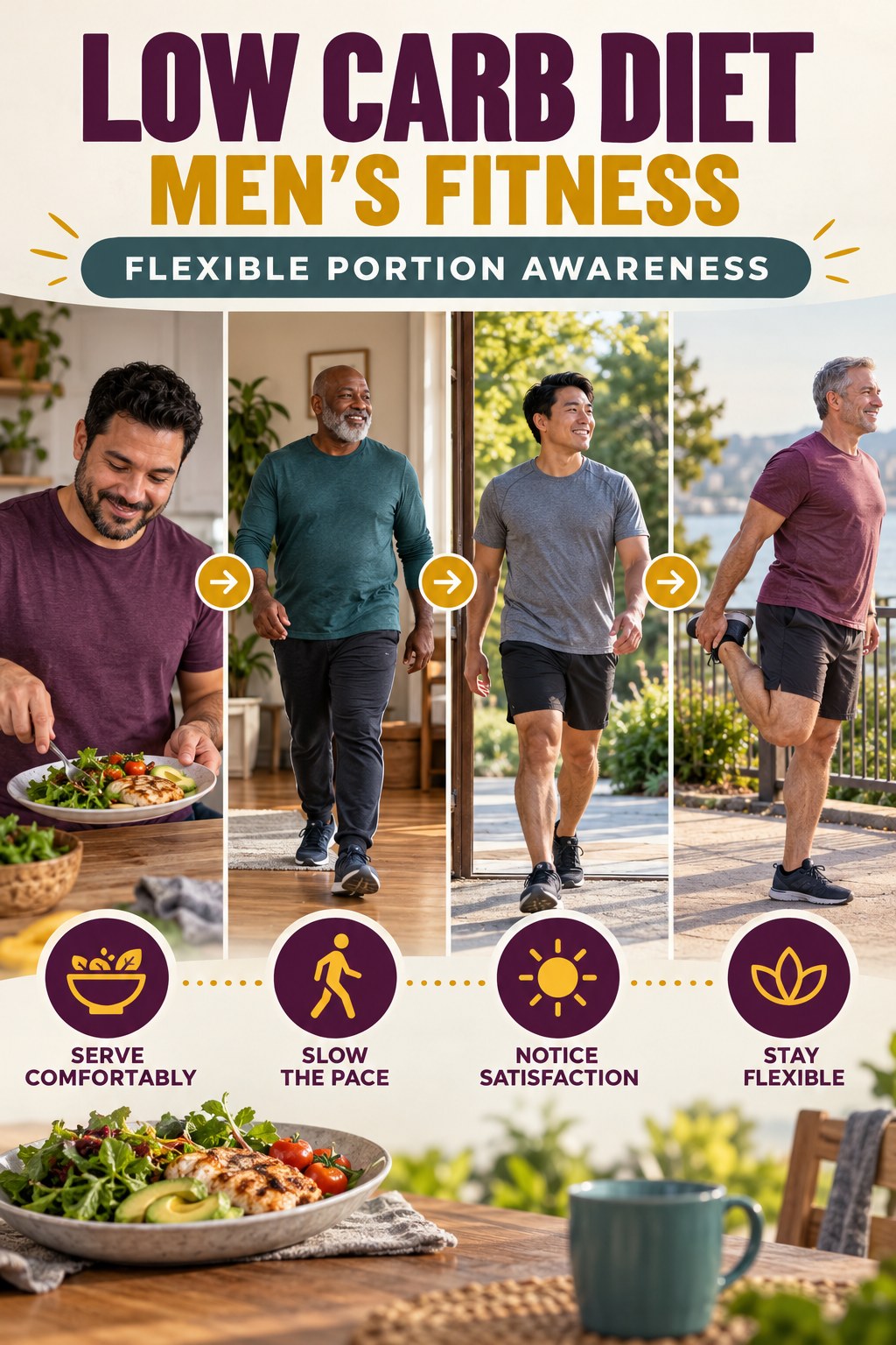 Low Carb Diet men’s fitness graphic titled Flexible Portion Awareness with four practical training prompts.