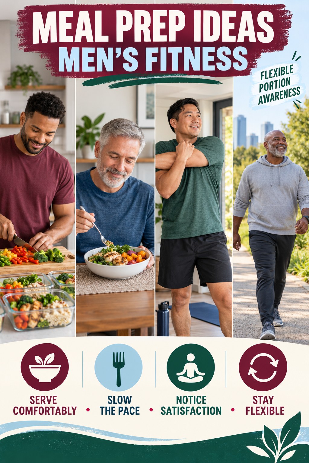 Meal Prep Ideas men’s fitness graphic titled Flexible Portion Awareness with four practical training prompts.