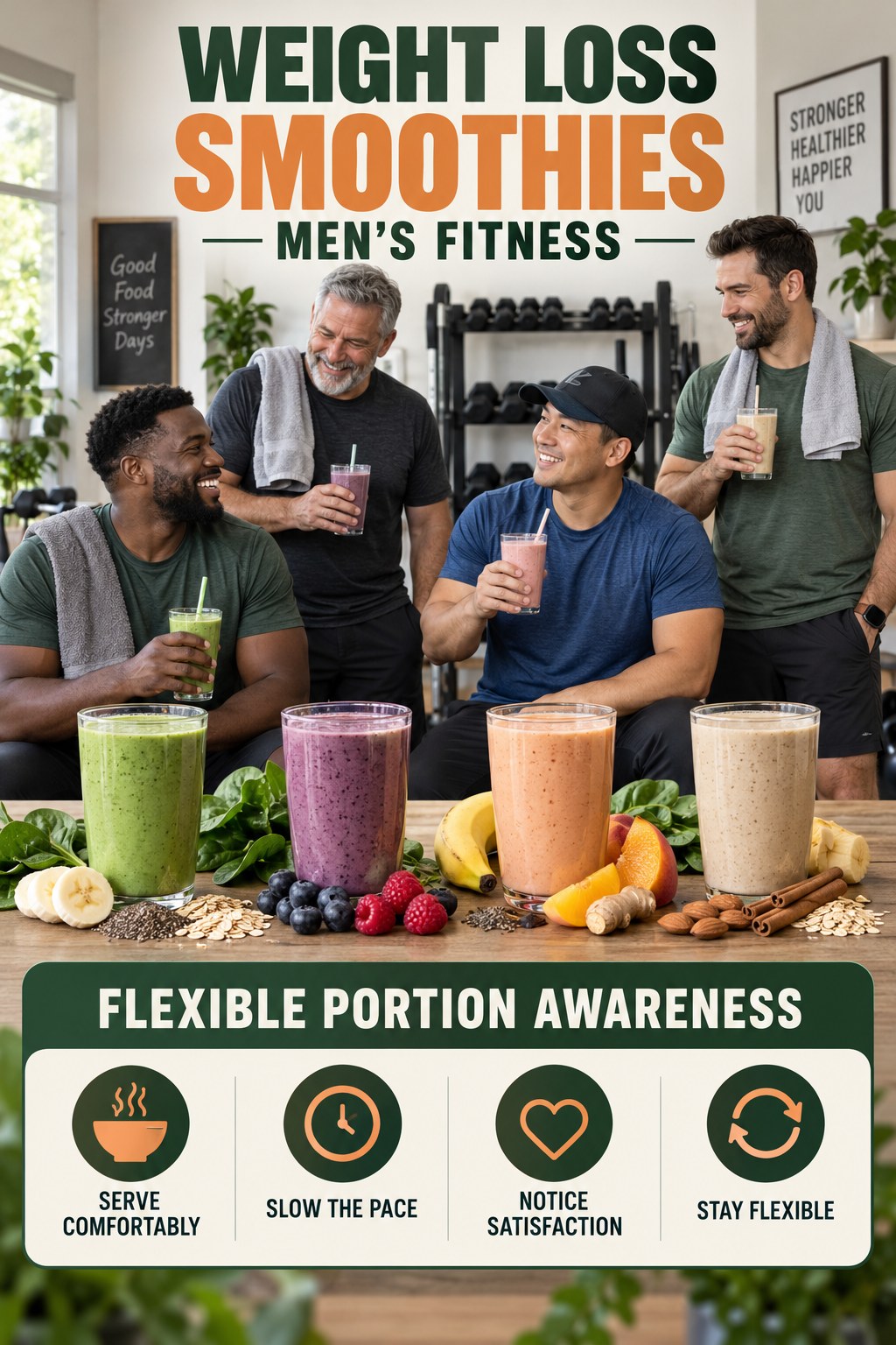 Weight Loss Smoothies men’s fitness graphic titled Flexible Portion Awareness with four practical training prompts.