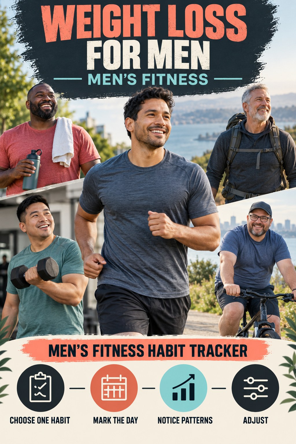 Weight Loss for Men men’s fitness graphic titled Men’s Fitness Habit Tracker with four practical training prompts.