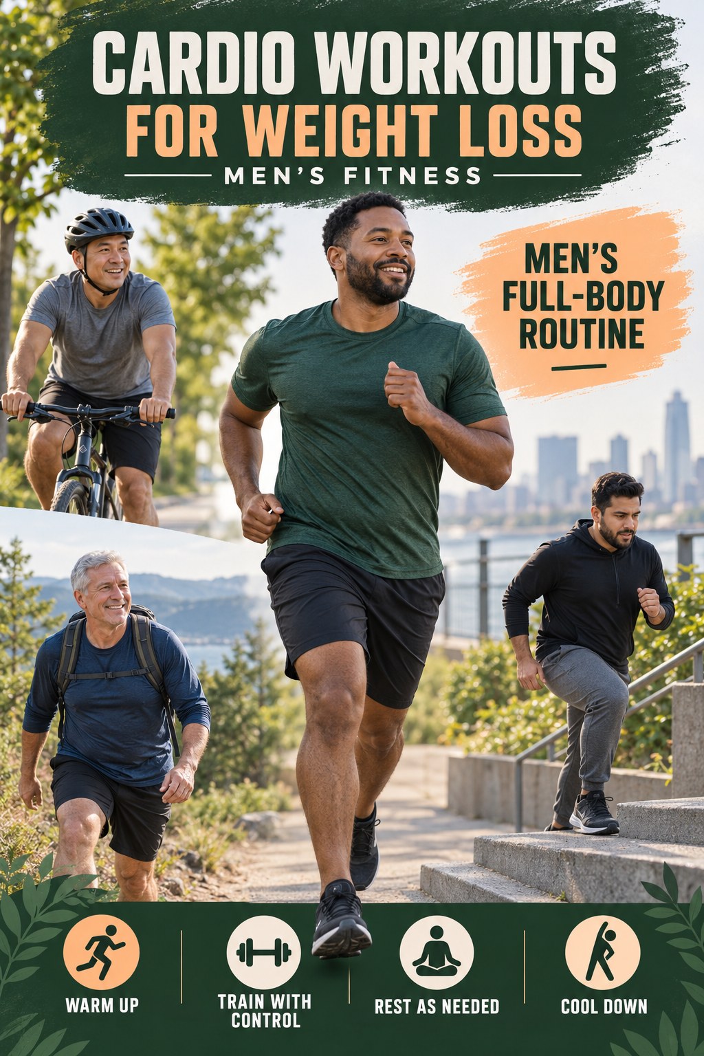 Cardio Workouts for Weight Loss men’s fitness graphic titled Men’s Full-Body Routine with four practical training prompts.