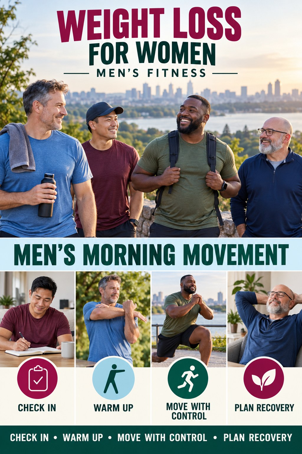 Weight Loss for Women men’s fitness graphic titled Men’s Morning Movement with four practical training prompts.