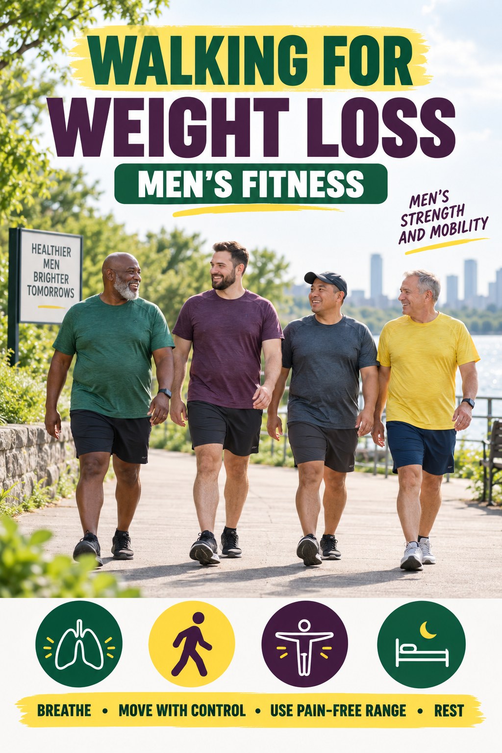 Walking for Weight Loss men’s fitness graphic titled Men’s Strength and Mobility with four practical training prompts.