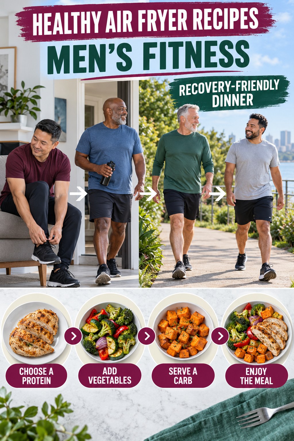 Healthy Air Fryer Recipes men’s fitness graphic titled Recovery-Friendly Dinner with four practical training prompts.