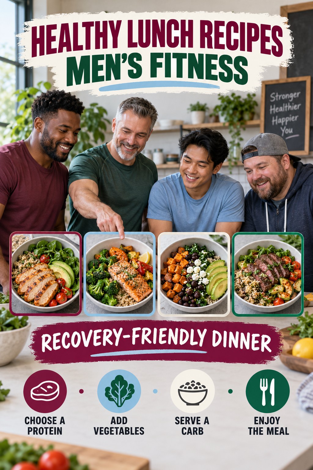 Healthy Lunch Recipes men’s fitness graphic titled Recovery-Friendly Dinner with four practical training prompts.