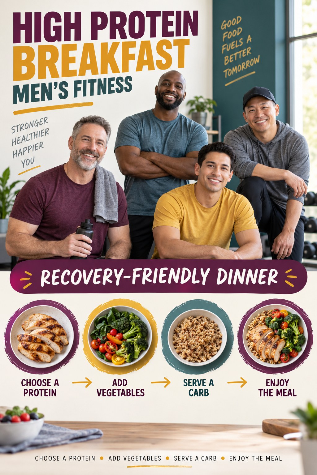 High Protein Breakfast men’s fitness graphic titled Recovery-Friendly Dinner with four practical training prompts.